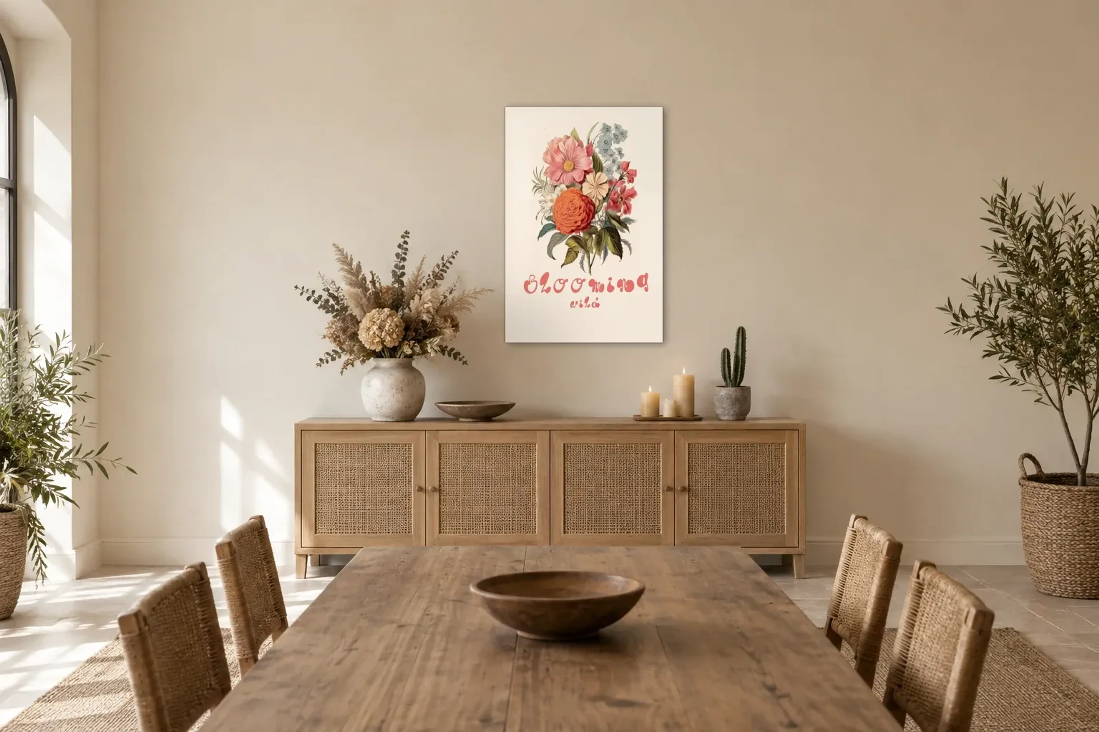 Blütenstrauß auf Creme als Wandbild über einem 160-cm-Sideboard