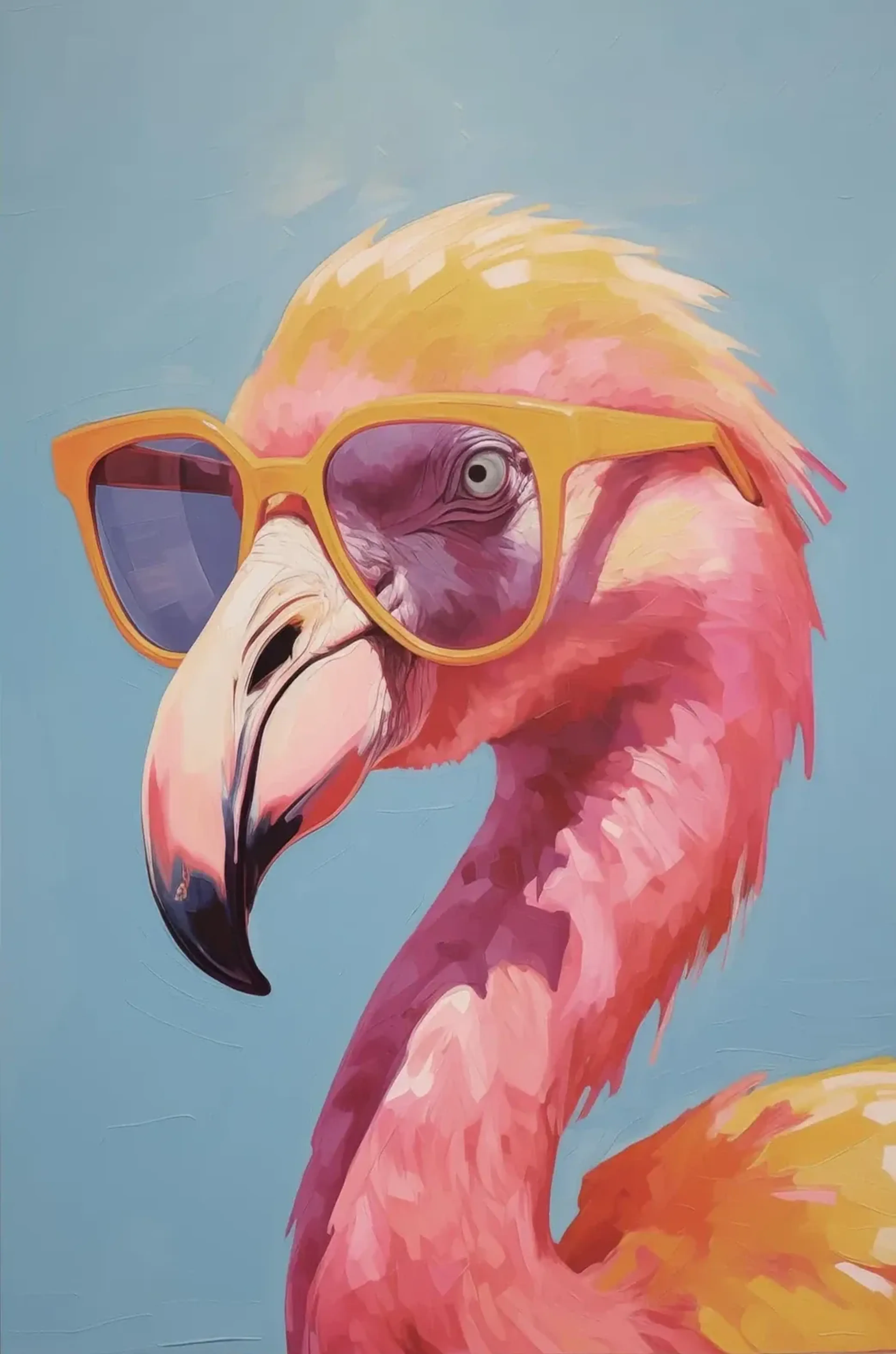 Flamingo mit Sonnenbrille – Motiv als Wandbild auf Holz