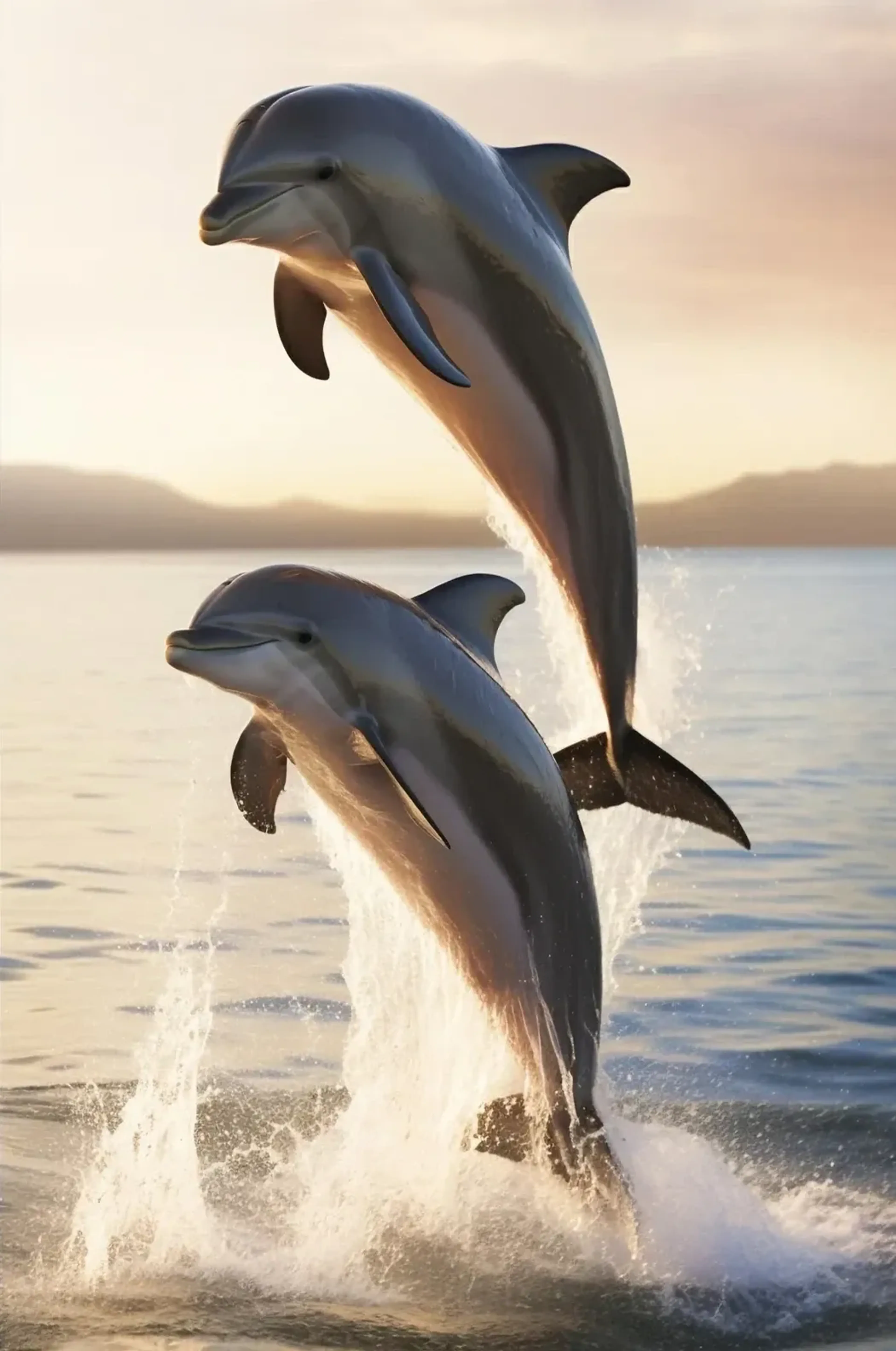 Zwei Delfine springen im goldenen Licht aus dem Meer, dahinter liegt eine dunkle Küstenlinie.