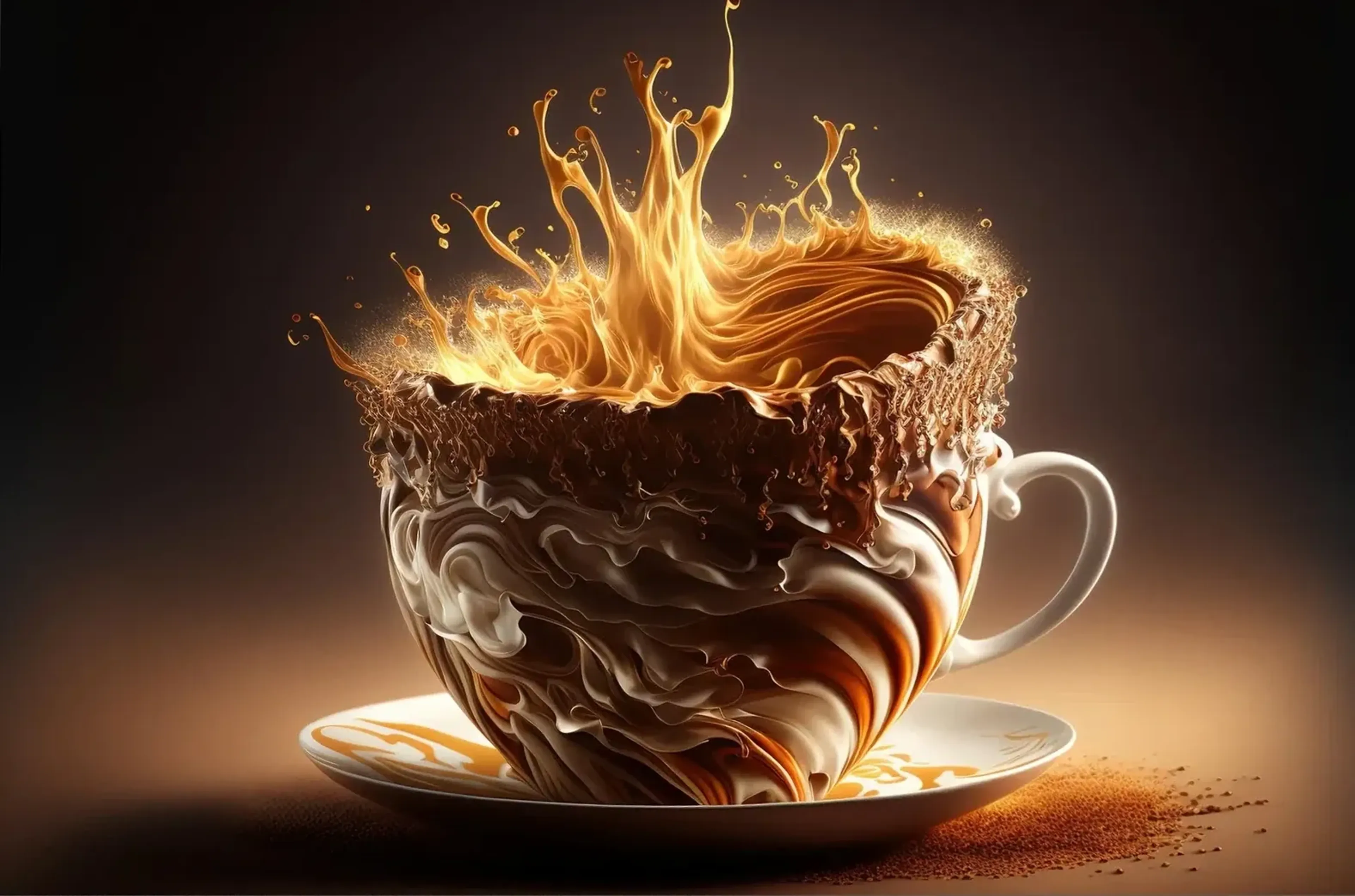 Goldbrauner Kaffee spritzt aus einer braun-weiß gewirbelten Tasse mit Untertasse vor dunklem Hintergrund.