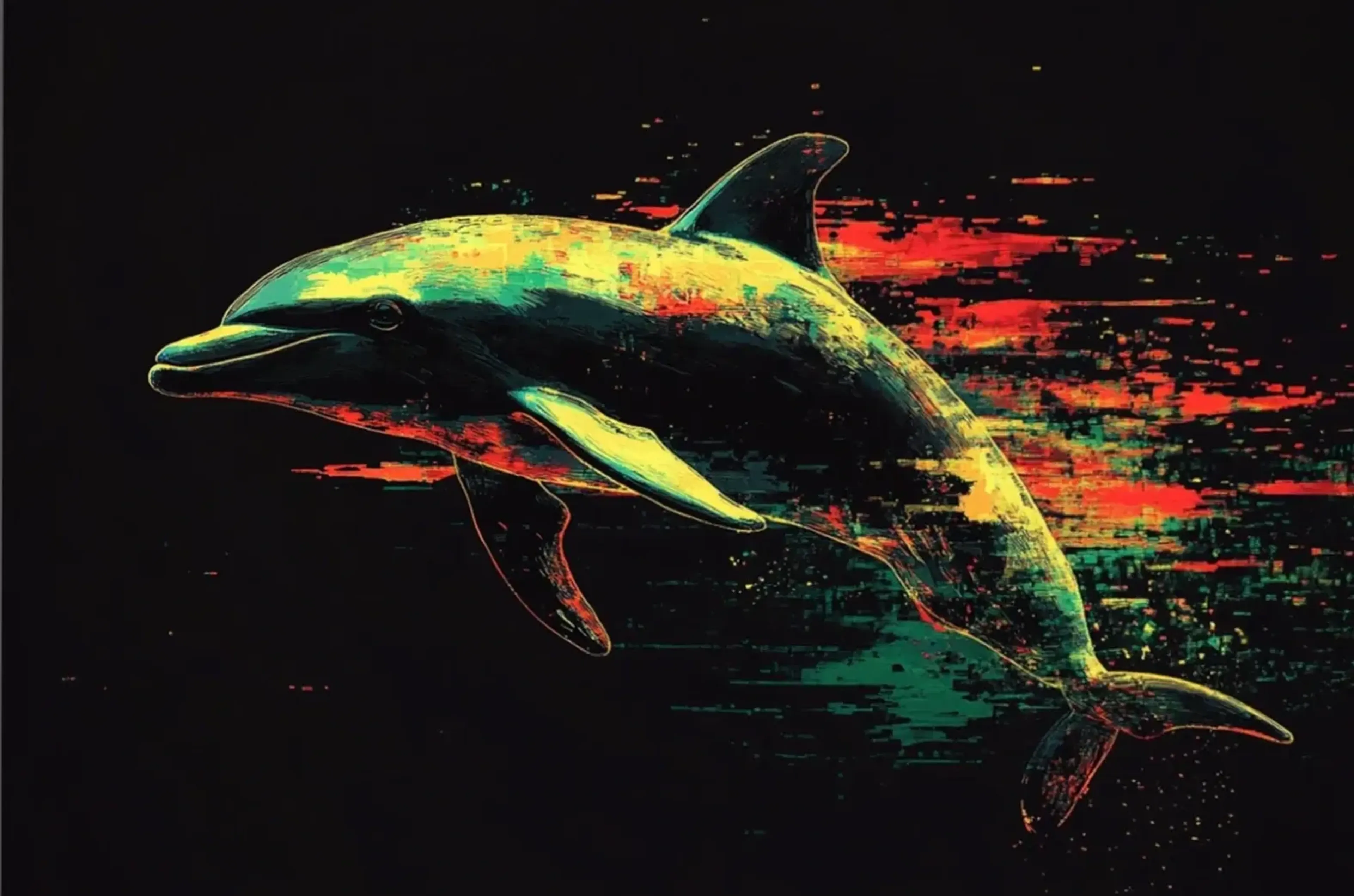 Delfin mit gelben und grünen Farbflächen sowie roten und türkisen Streifen vor schwarzem Hintergrund.