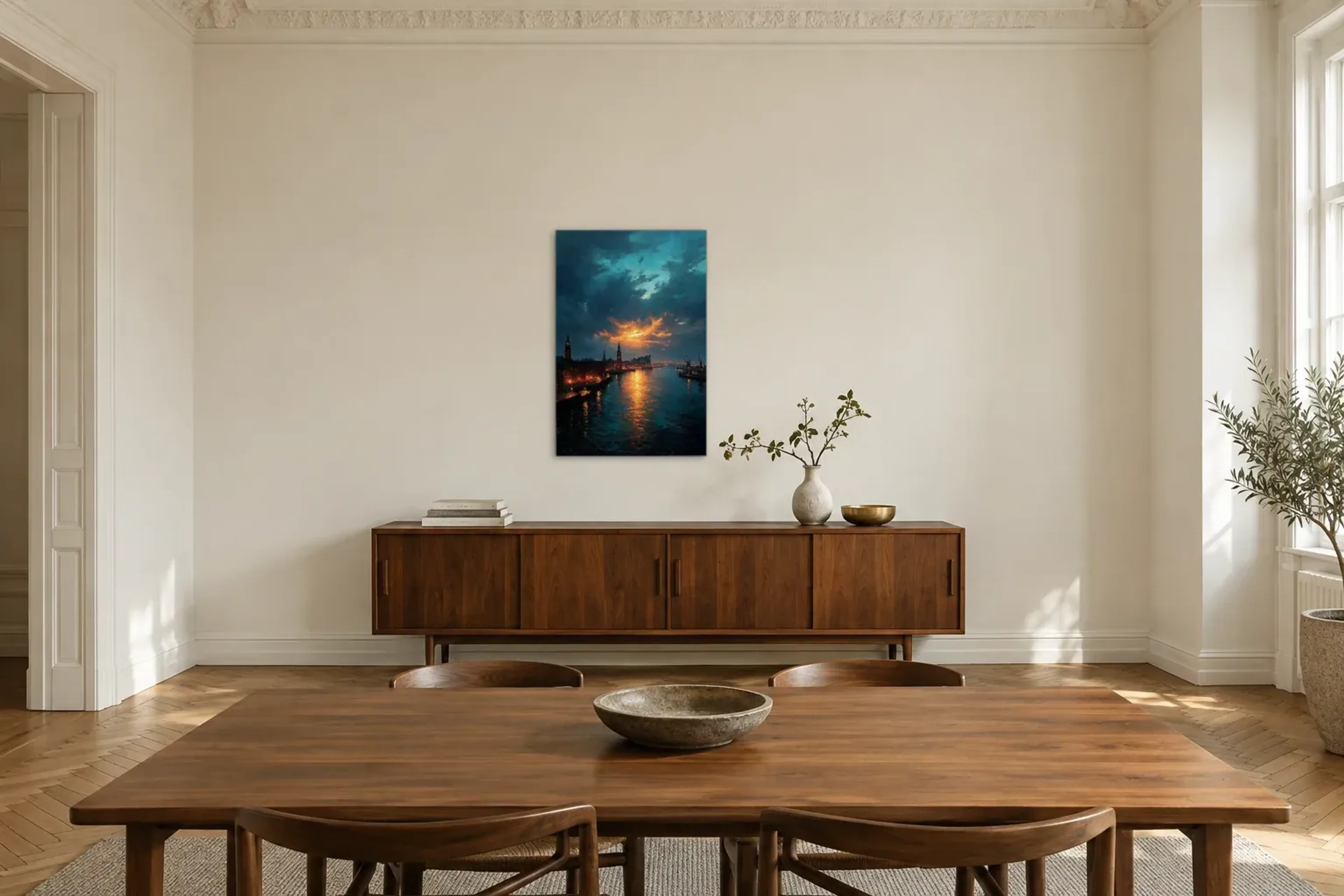 Hamburger Hafen im Abendlicht als Wandbild über einem 200-cm-Sideboard