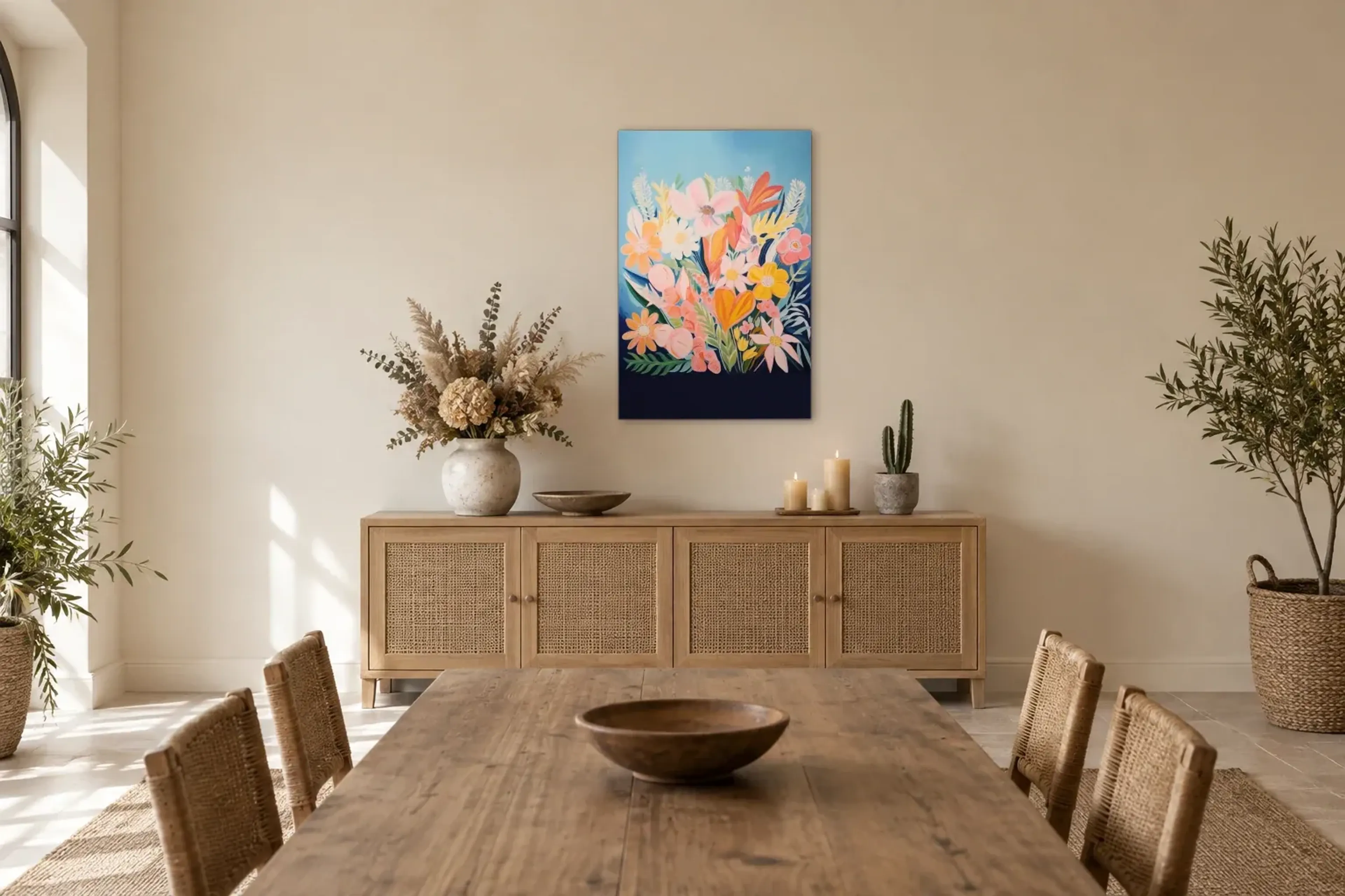 Bunte Blüten auf Blau als Wandbild über einem 160-cm-Sideboard