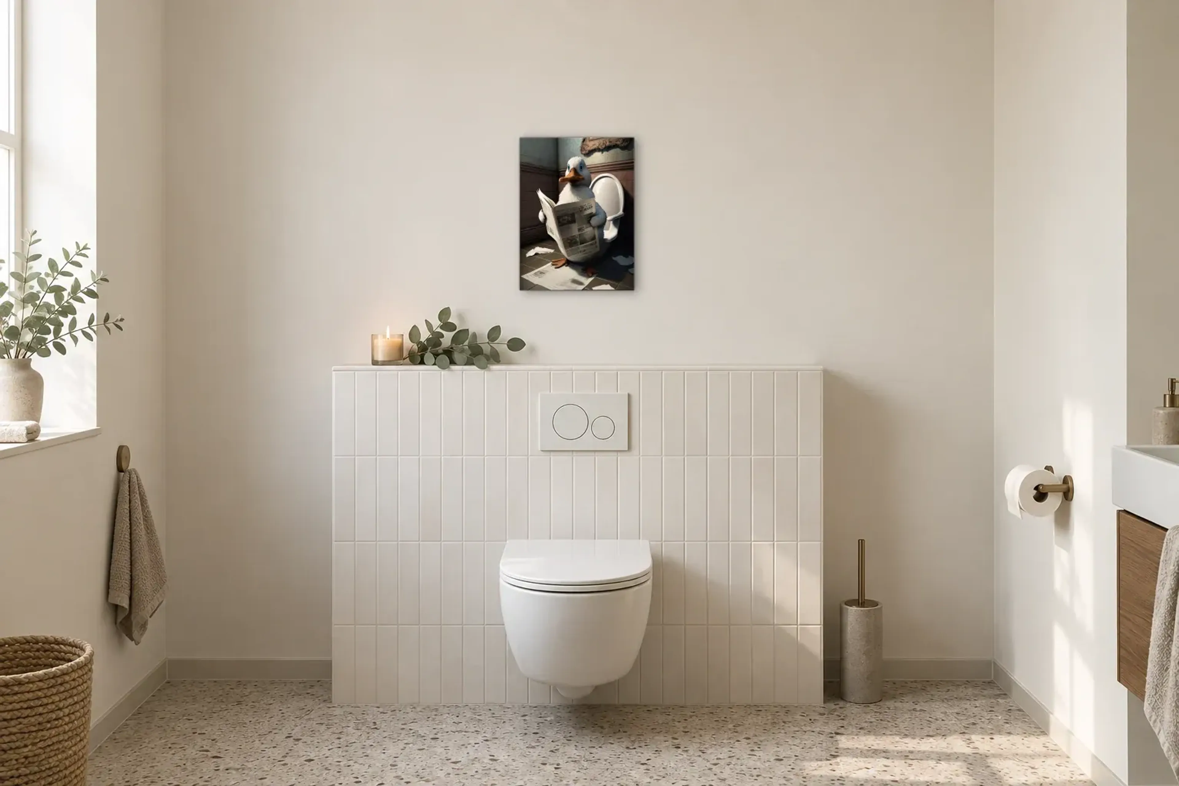 Ente mit Zeitung als Wandbild im Gäste-WC