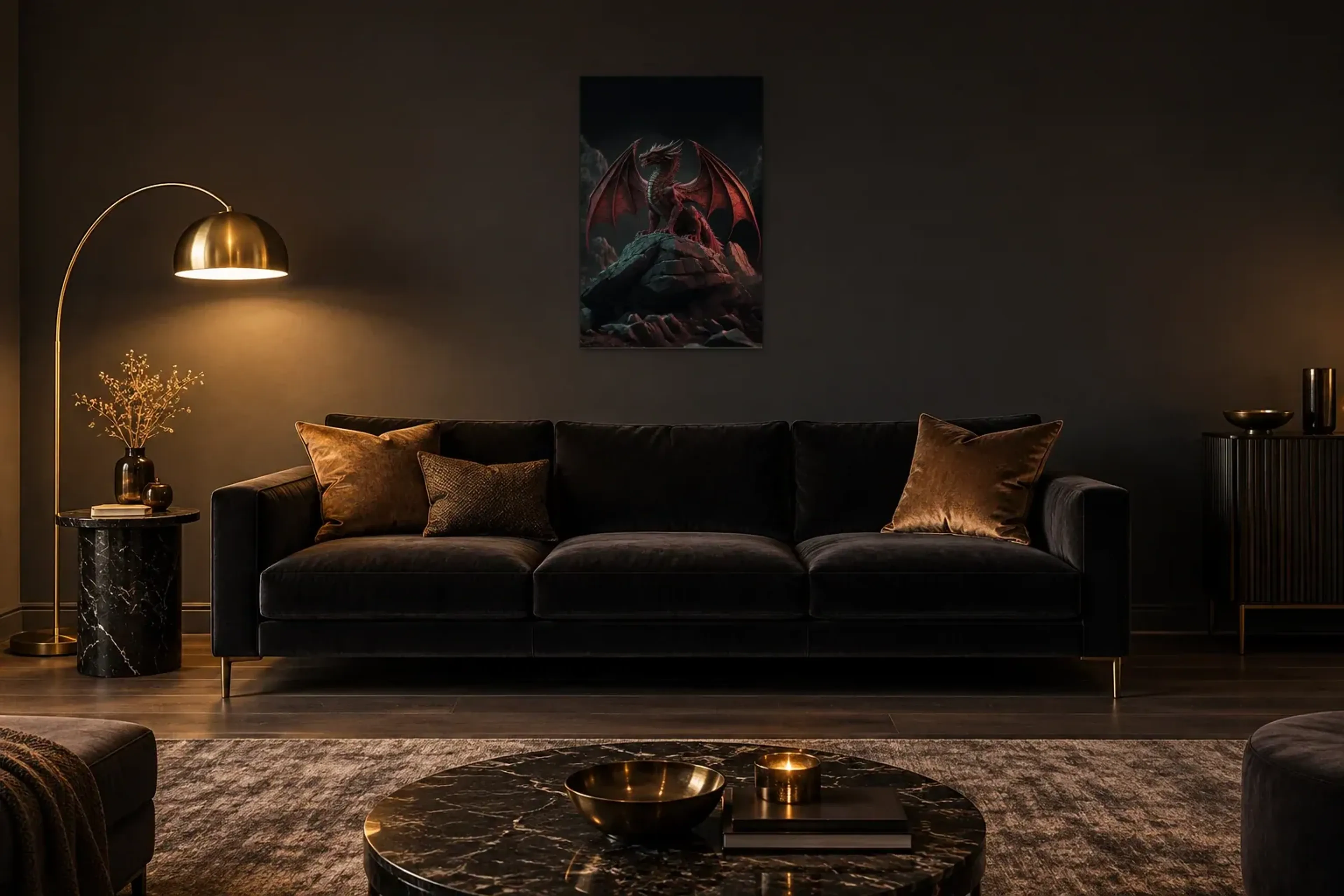 Roter Drache auf Felsen als Wandbild über einem 220-cm-Sofa