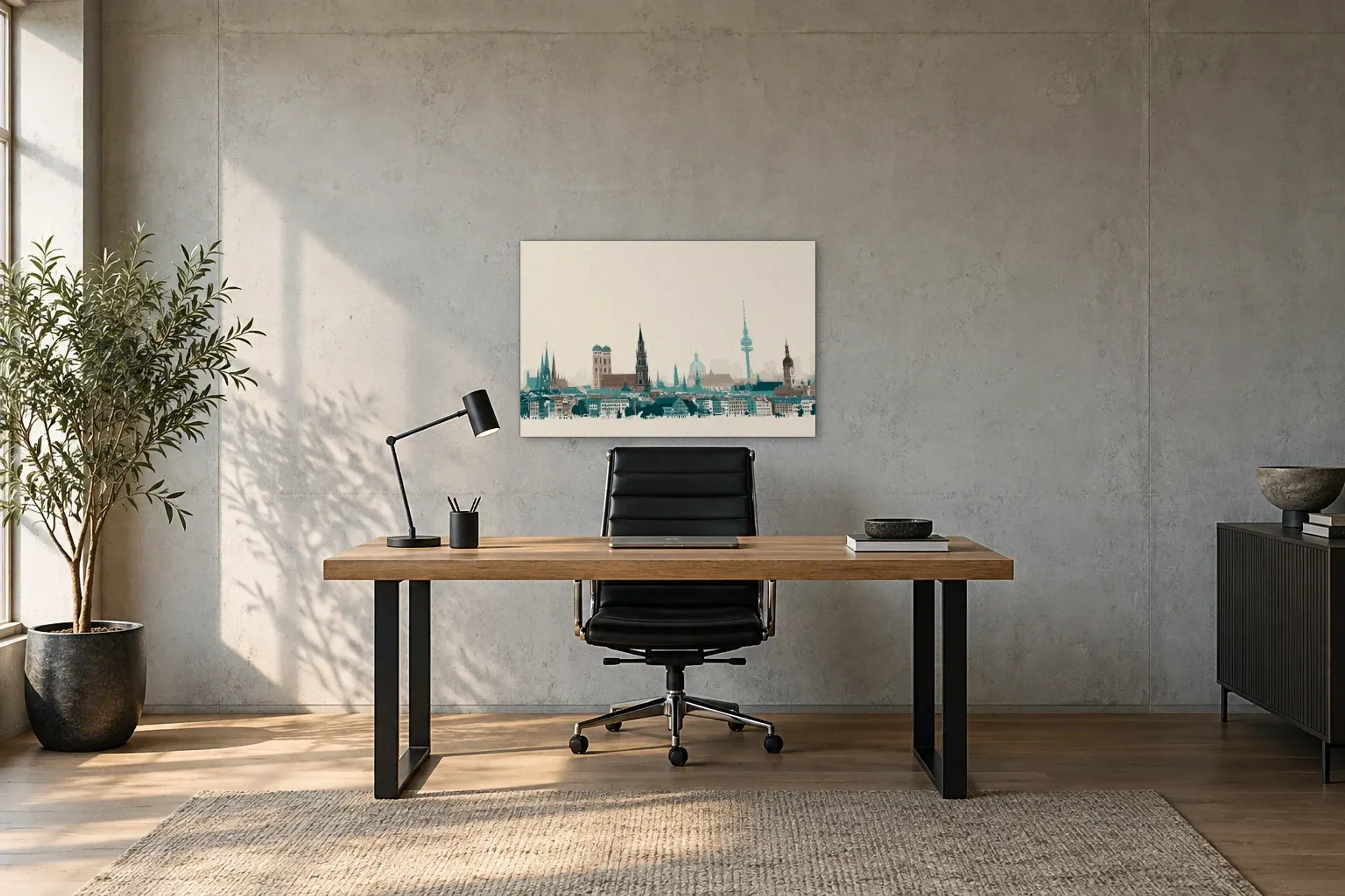 München in Petrol und Creme als Wandbild über einem 160-cm-Schreibtisch