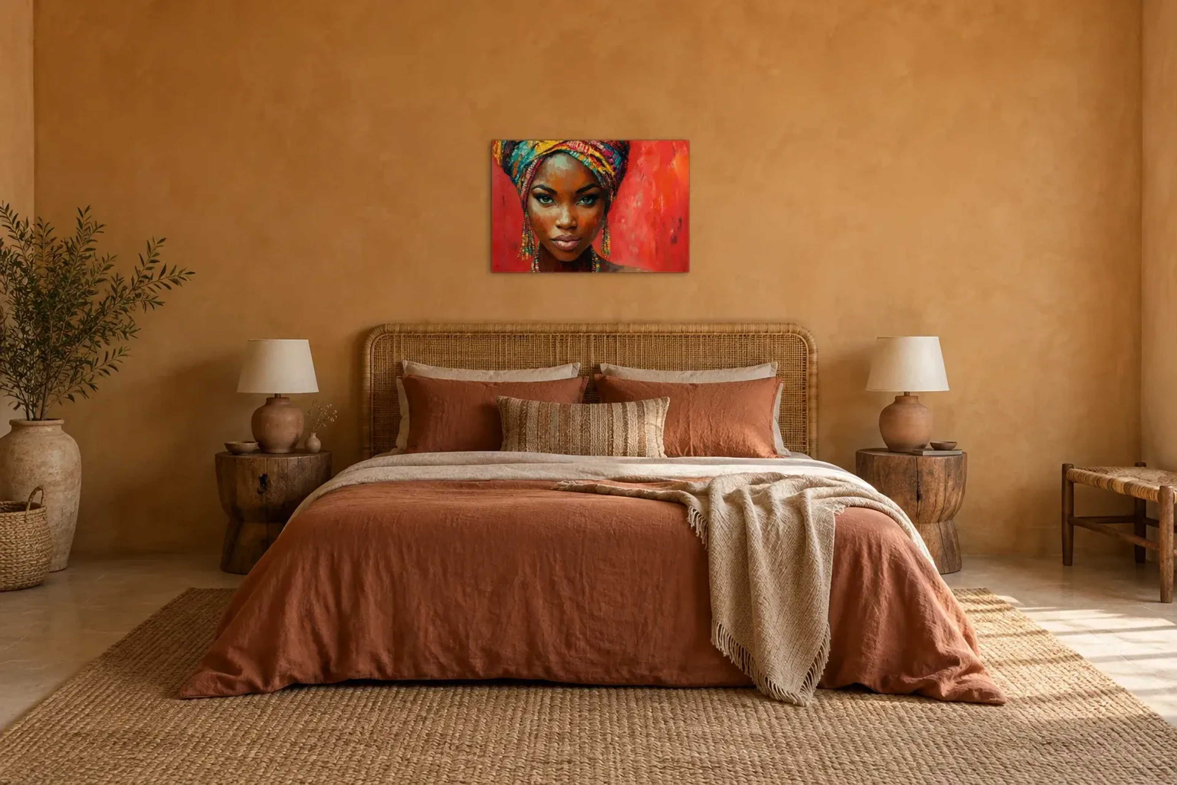 Turbanfrau als Wandbild über einem 180-cm-Bett