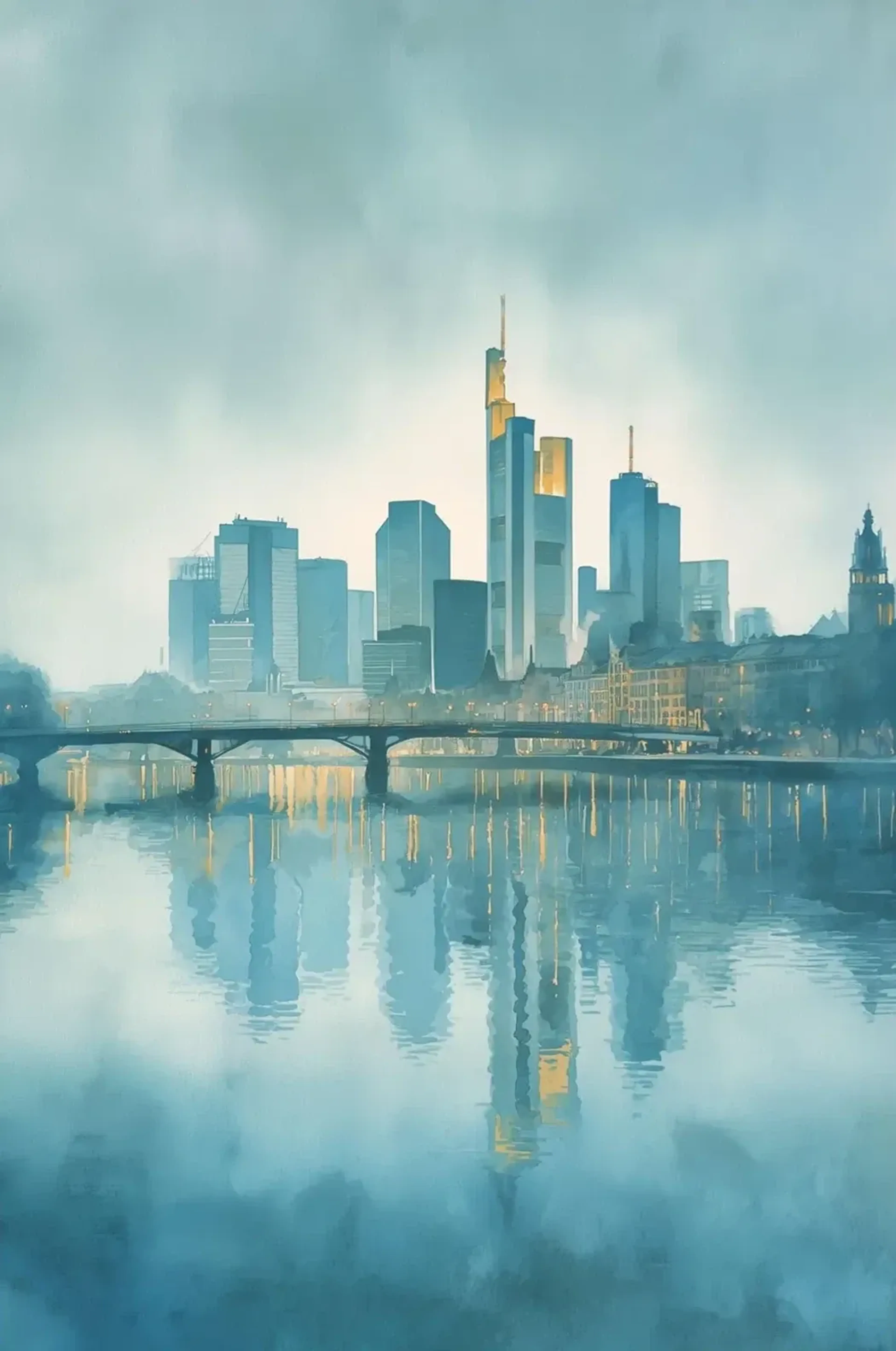 Frankfurter Skyline in sanften Blau- und Türkistönen mit Brücke, goldenen Lichtakzenten und Spiegelung im Main.
