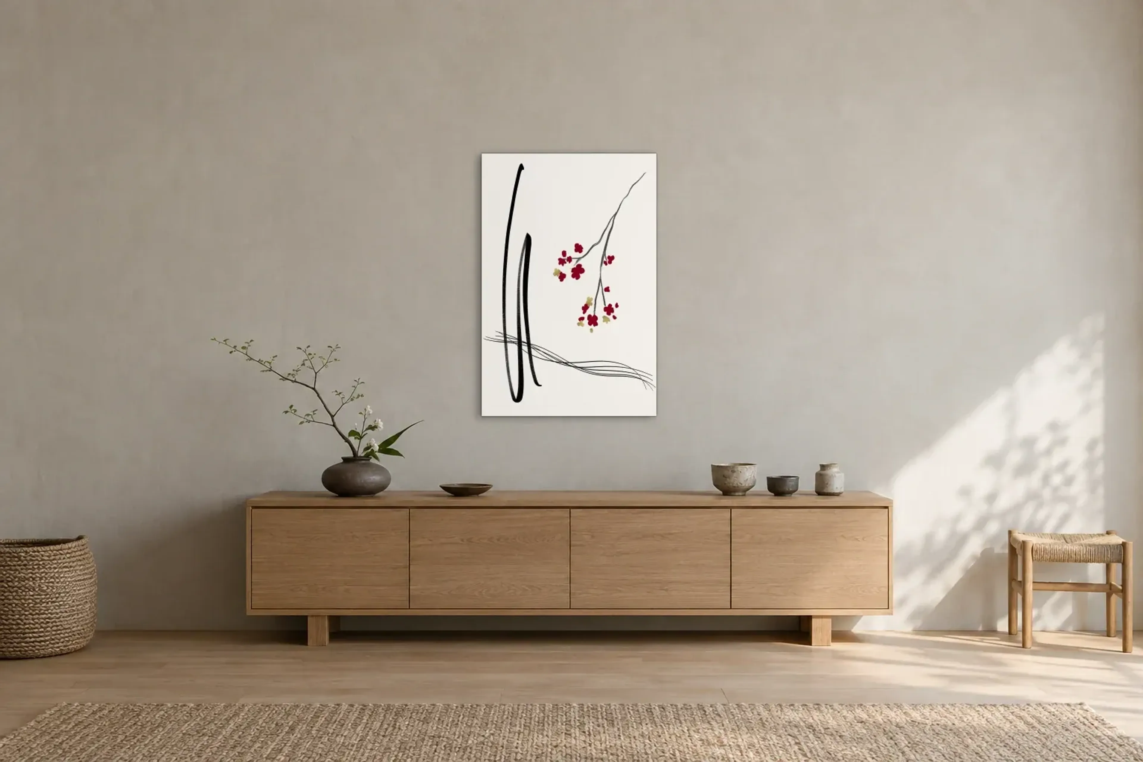 Blüten an schwarzen Bögen als Wandbild über einem 180-cm-Sideboard