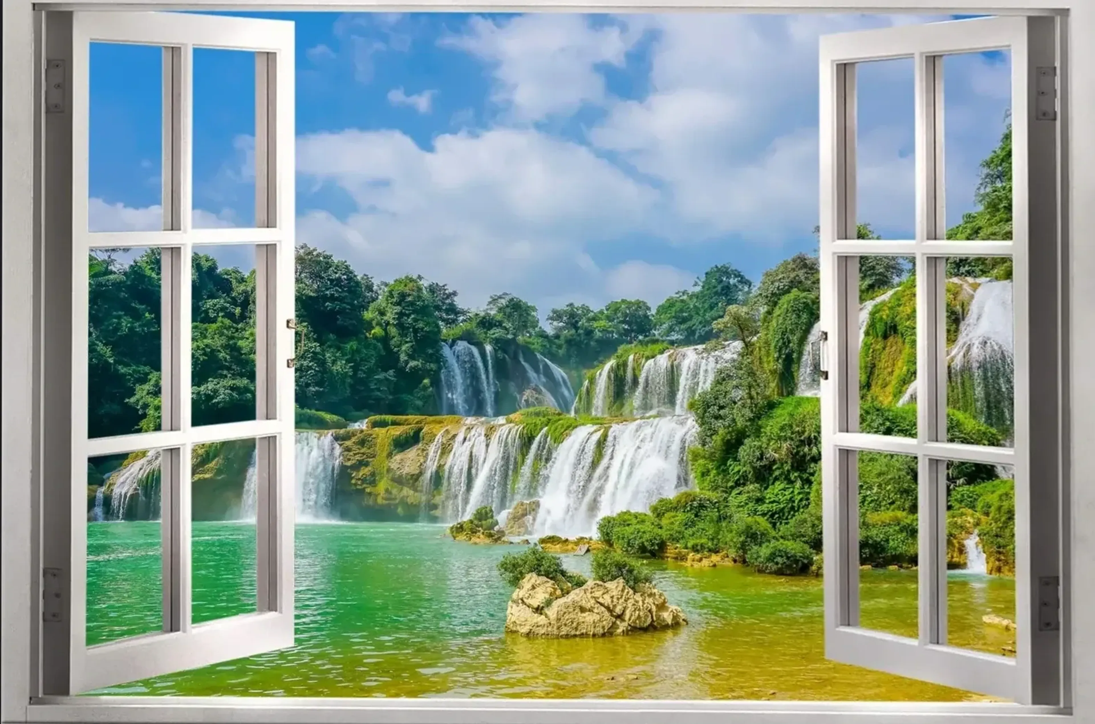 Ein weißer Fensterrahmen mit offenen Flügeln umgibt Wasserfälle, grüne Felsstufen und türkisgrünes Wasser.