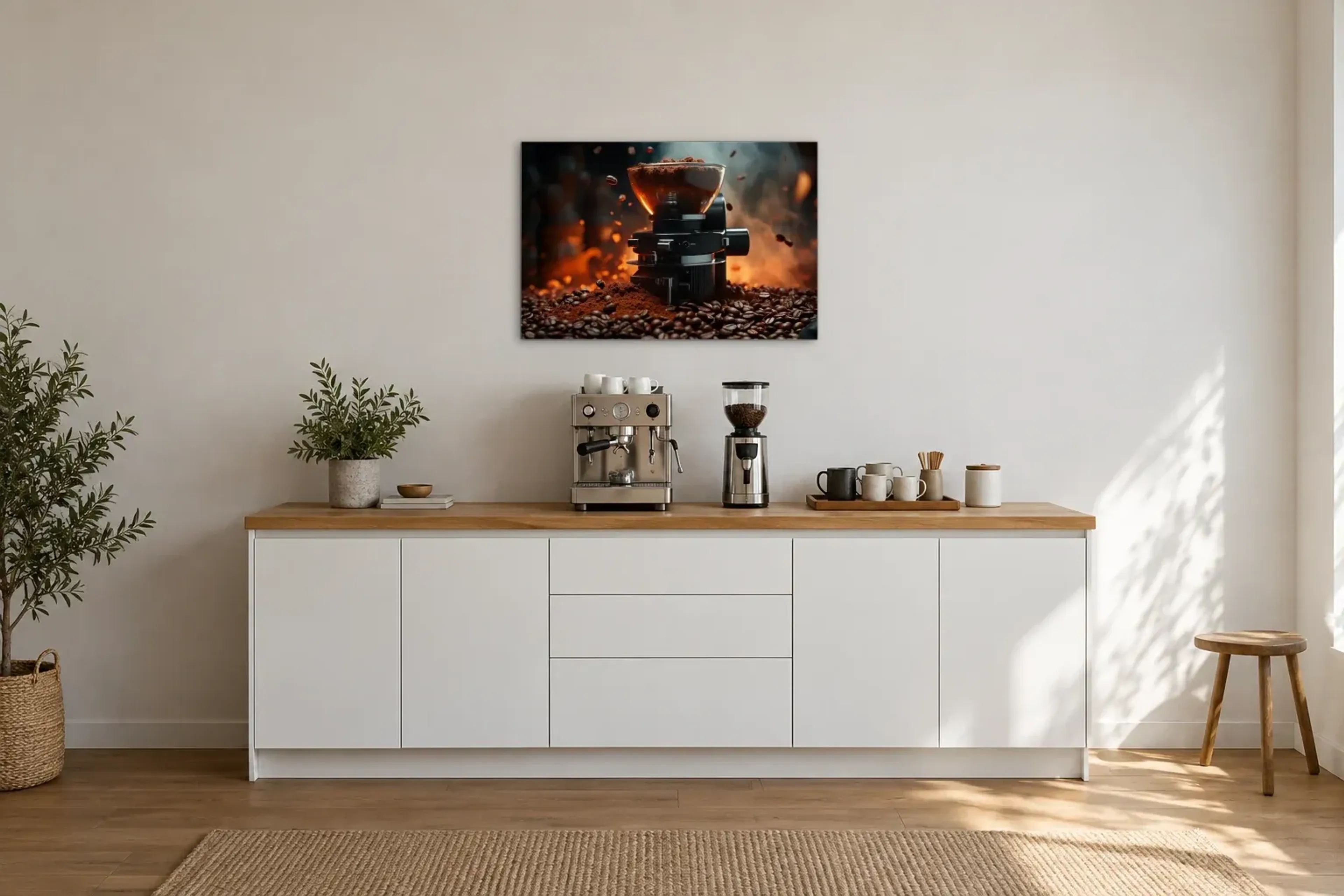 Kaffee-Mühle als Wandbild über einer 200-cm-Arbeitsplatte