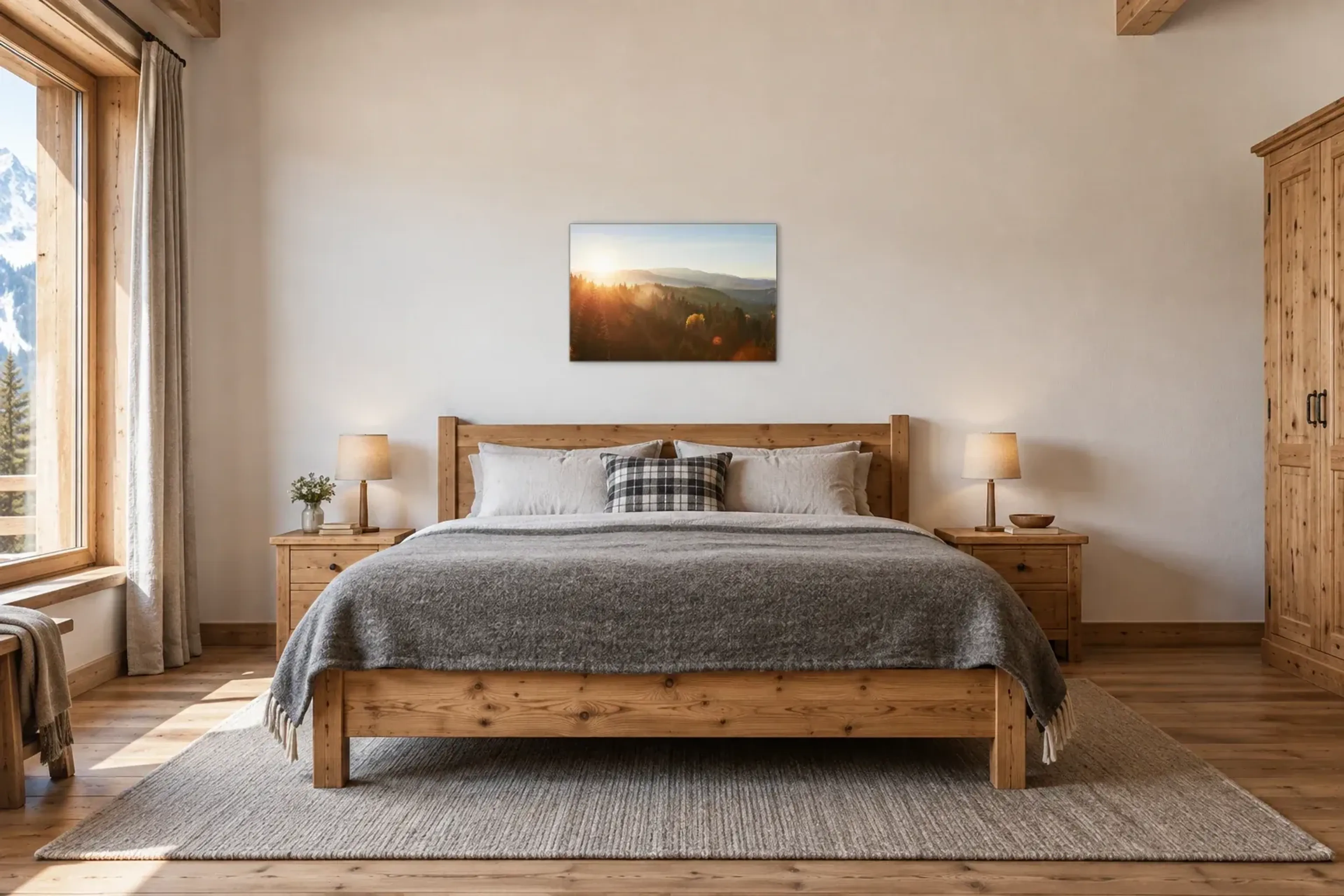 Herbstwald im Sonnenlicht als Wandbild über einem 180-cm-Bett
