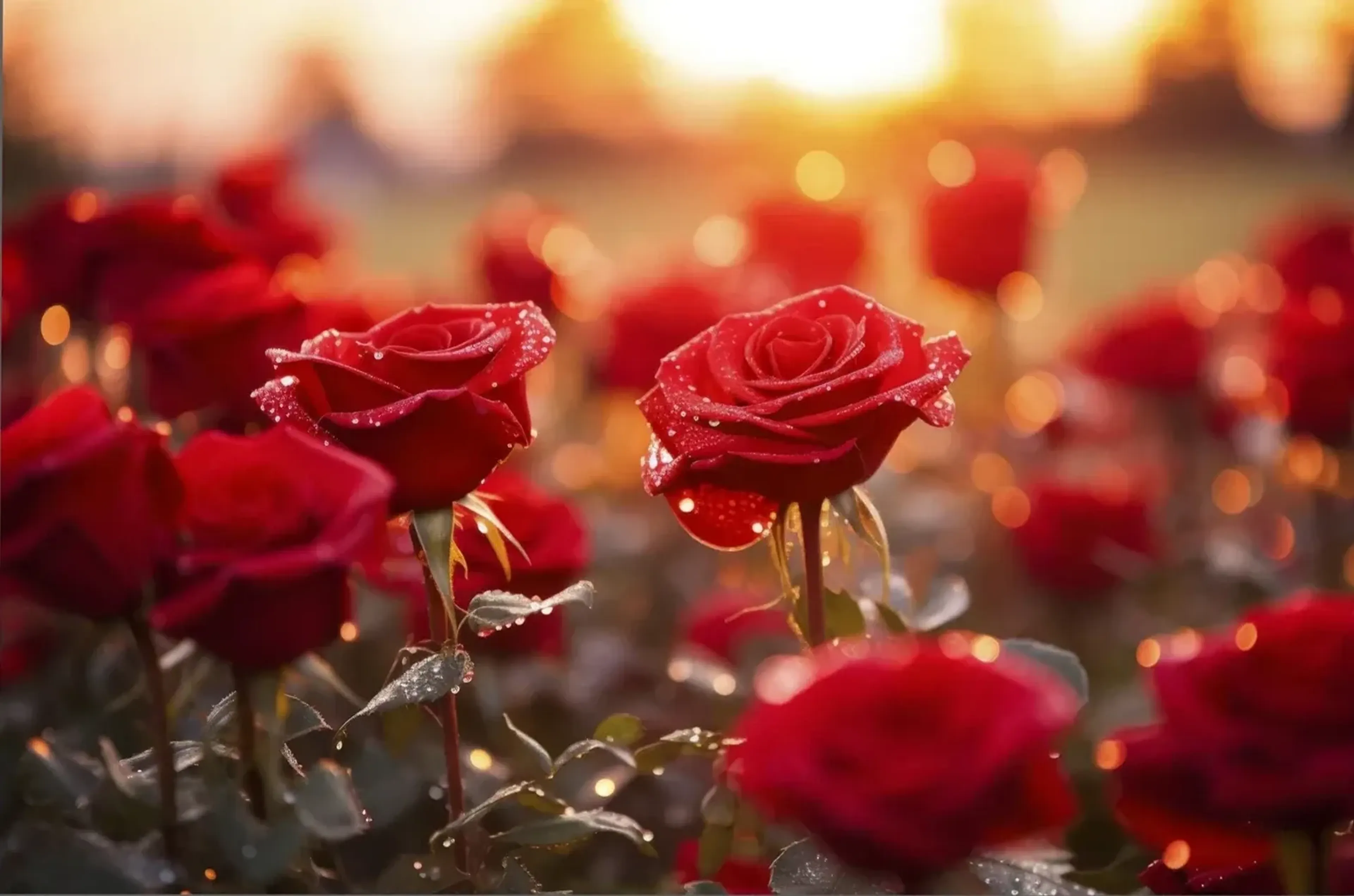 Rote Rosen mit Wassertropfen im warmen Gegenlicht, umgeben von unscharfen Blüten und goldenen Lichtkreisen.