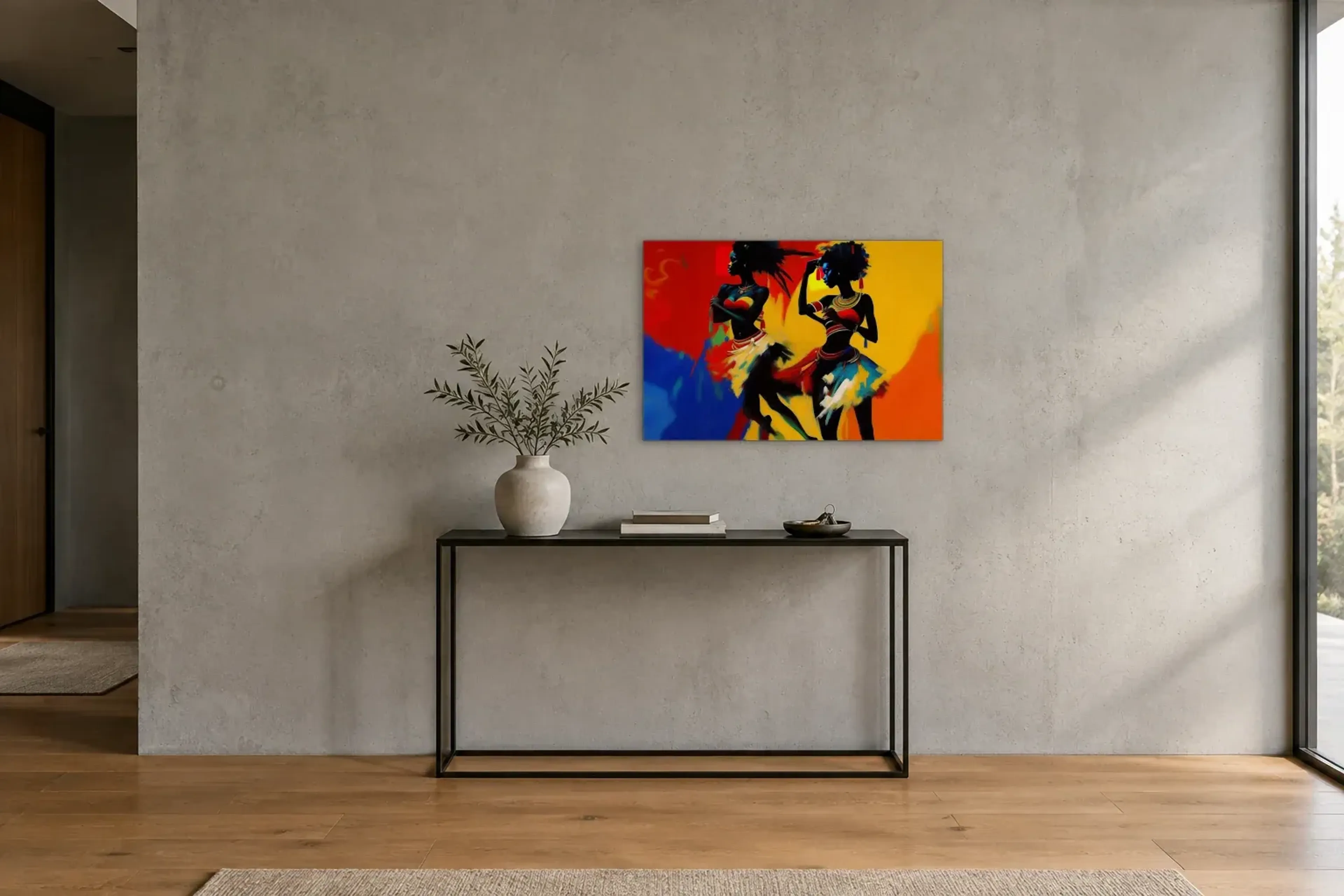 Zwei tanzende Frauen als Wandbild über einer 120-cm-Konsole