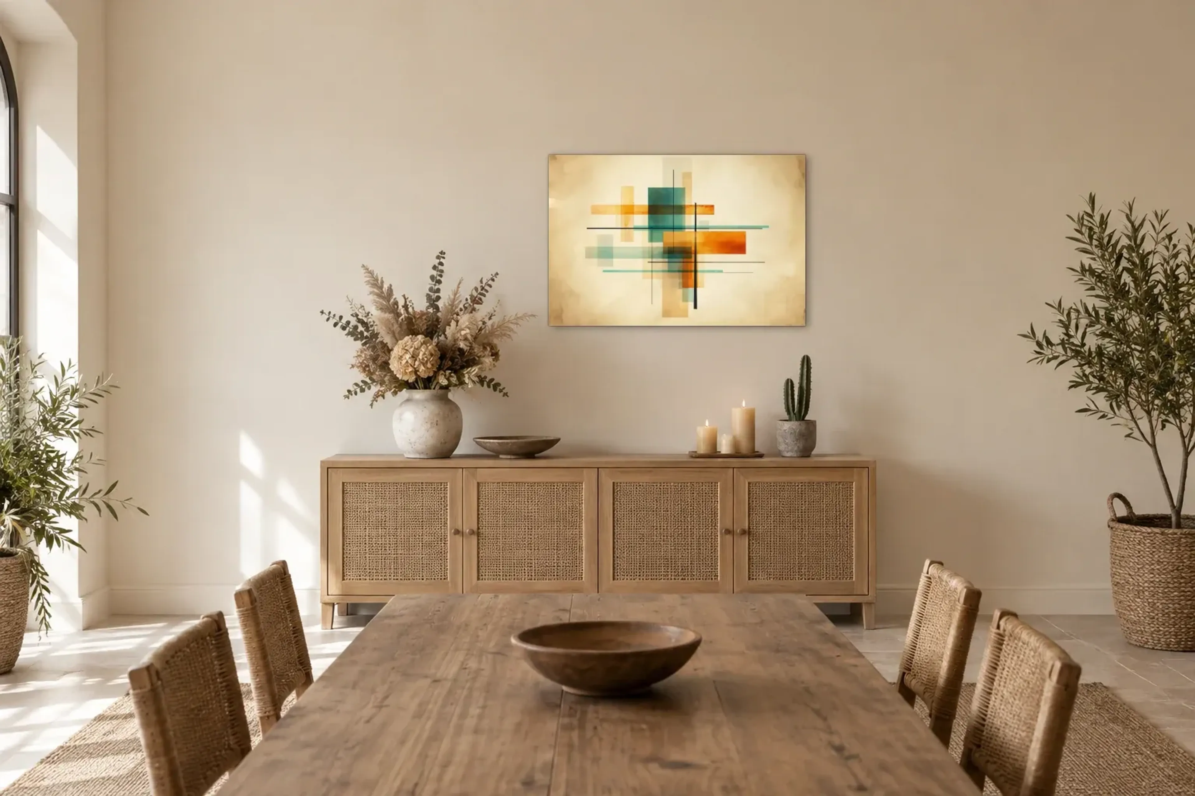Farbflächen im Schnittpunkt als Wandbild über einem 160-cm-Sideboard