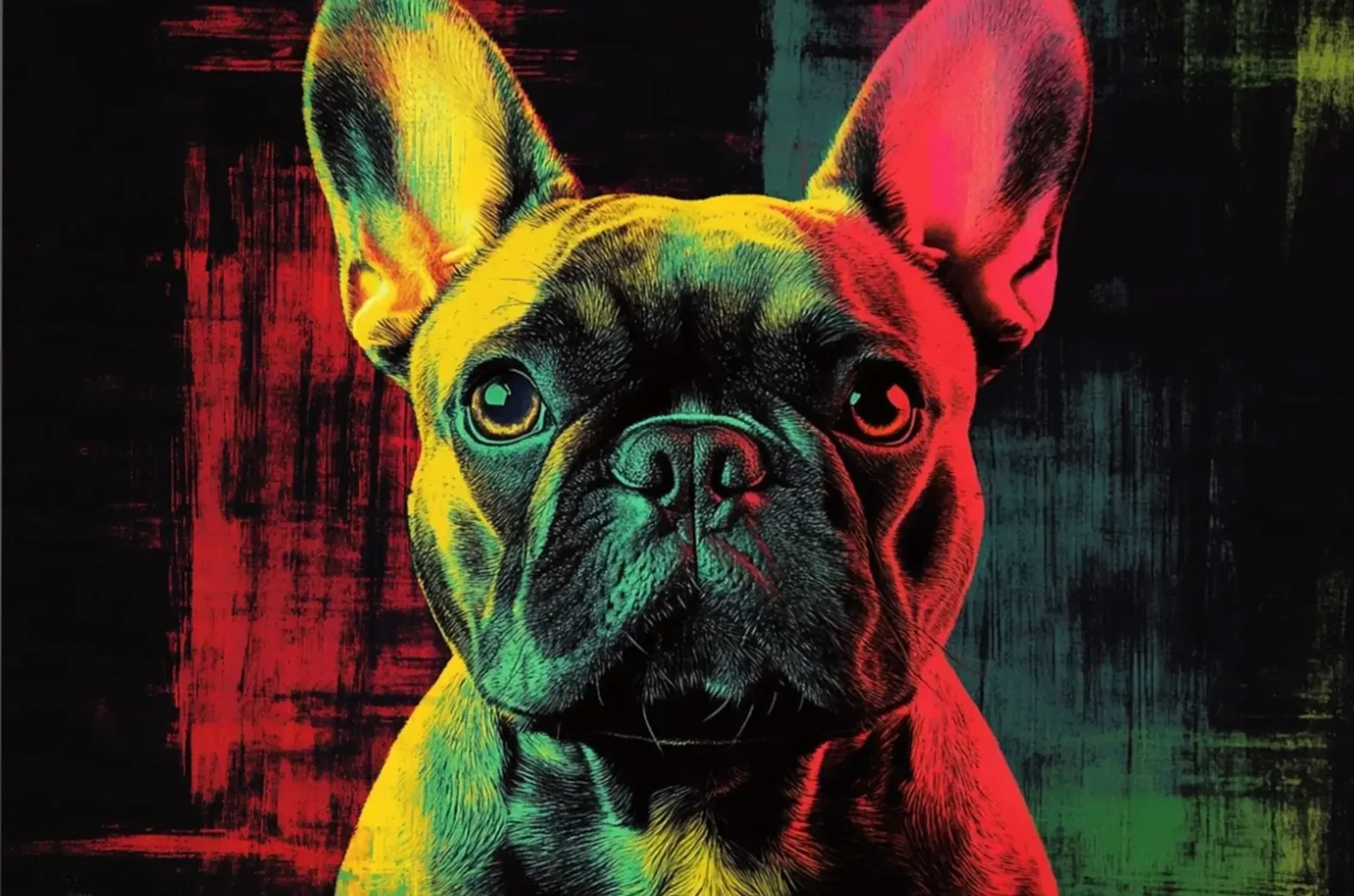 Frontal blickende Bulldogge mit großen Stehohren und gelben, grünen sowie roten Farbflächen vor dunklem Hintergrund.