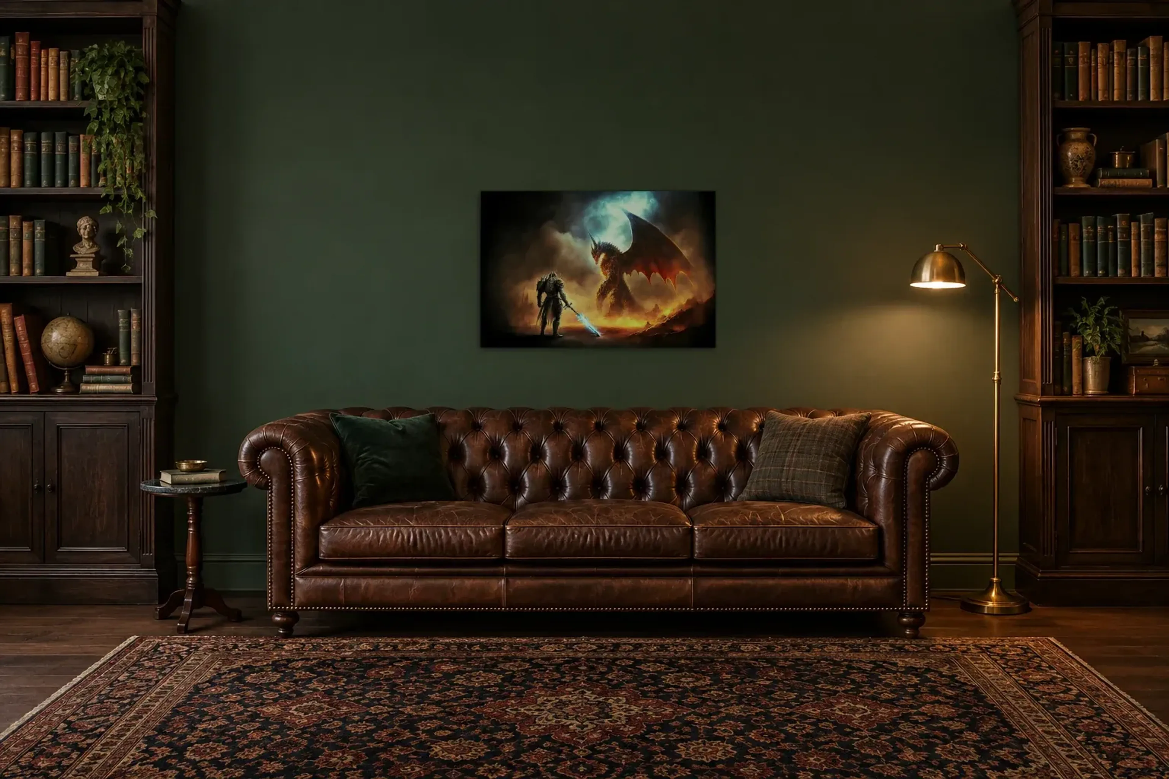 Ritter vor dem Feuerdrachen als Wandbild über einem 200-cm-Chesterfield-Sofa