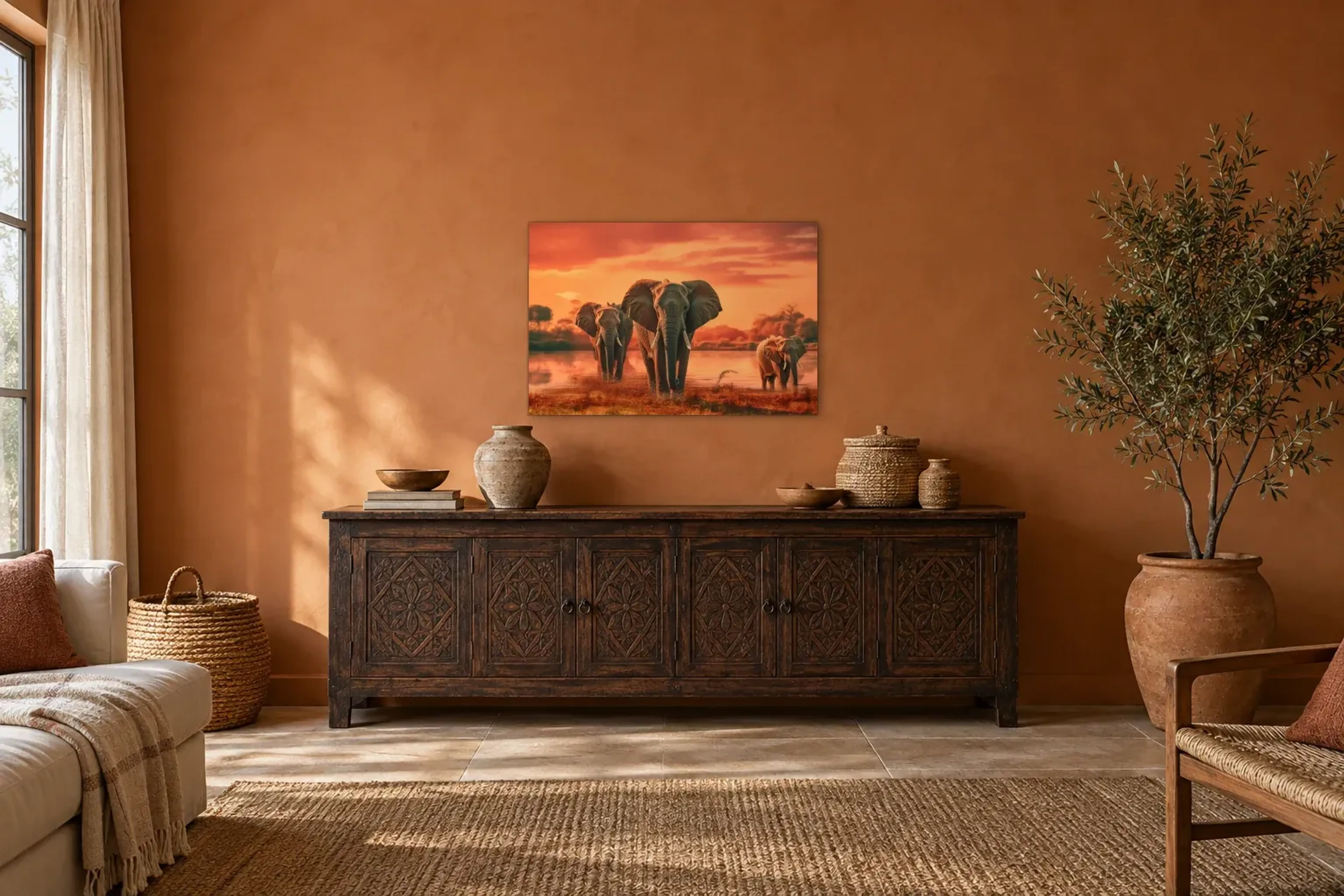 Drei Elefanten am Wasser als Wandbild über einem 180-cm-Sideboard