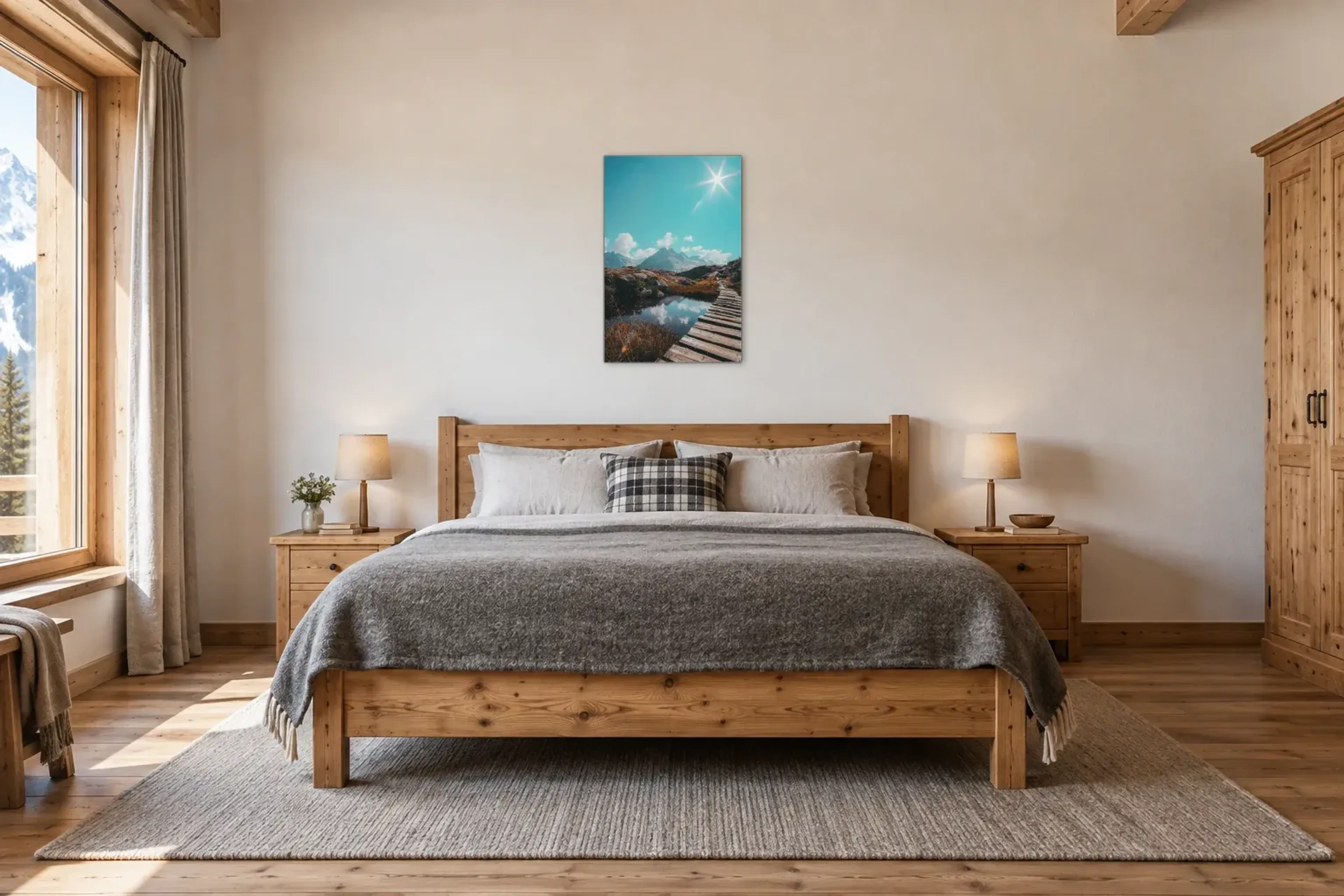 Steg am Bergsee als Wandbild über einem 180-cm-Bett