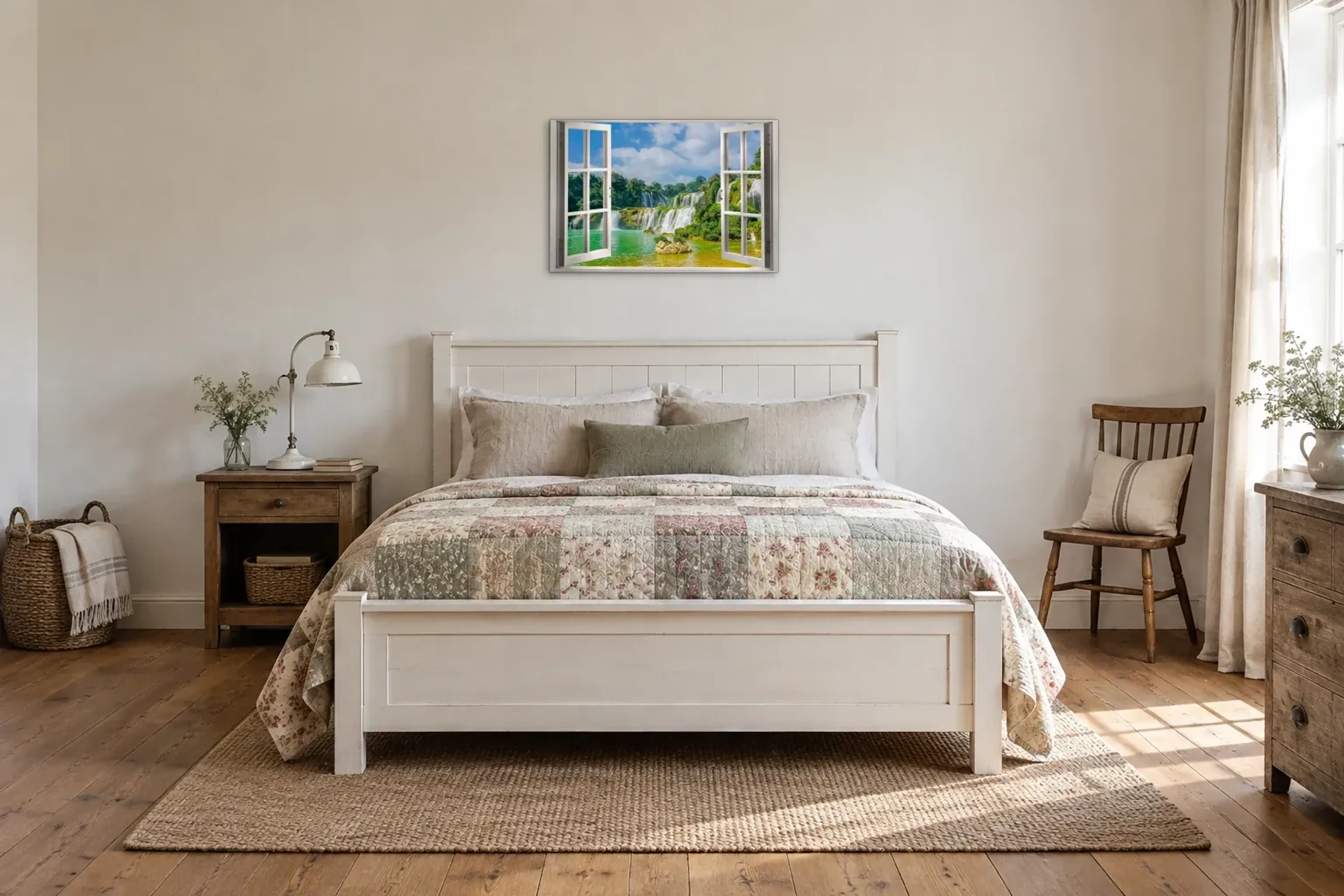 Wasserfälle im Grünen als Wandbild über einem 160-cm-Bett
