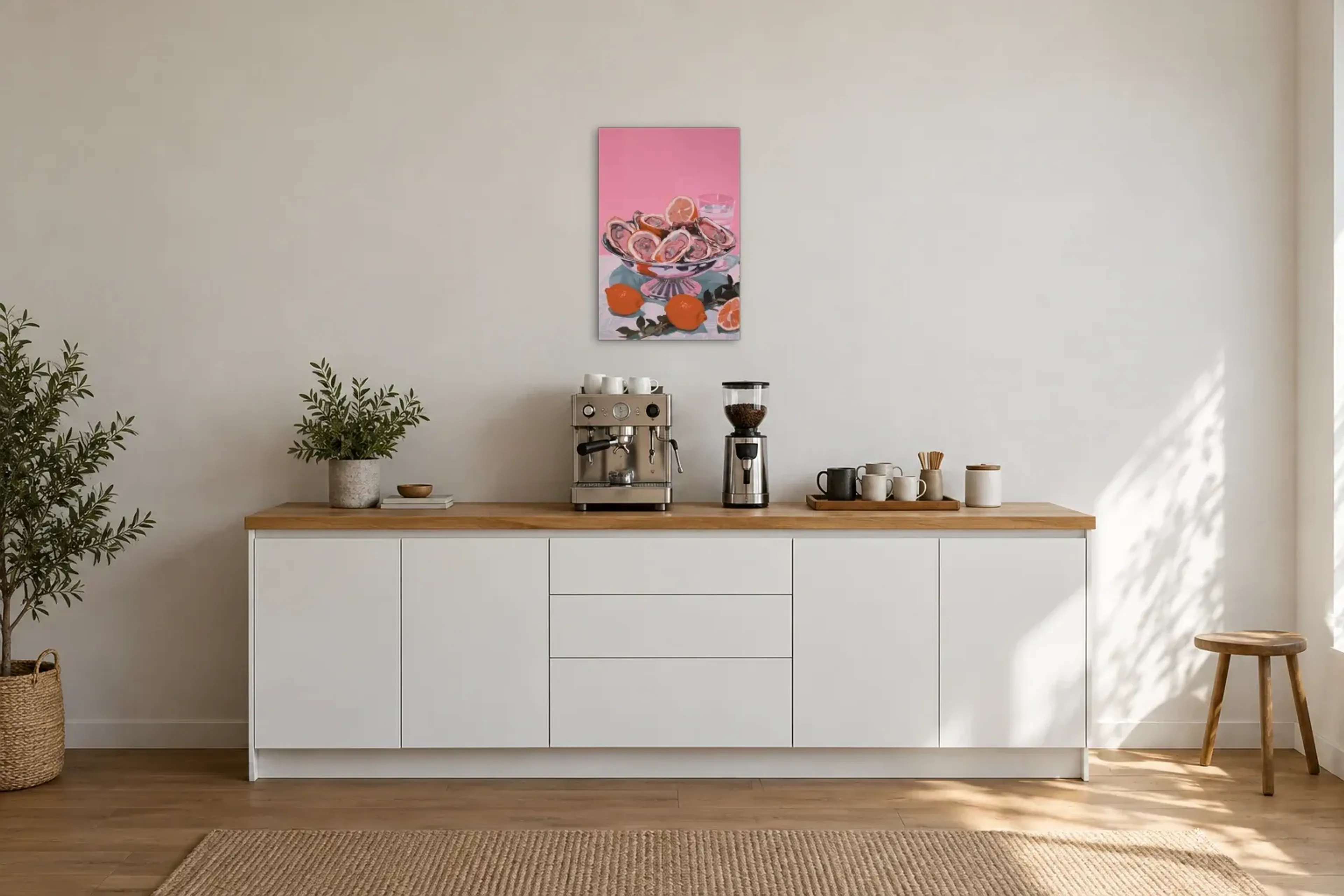 Austern auf Rosa als Wandbild über einer 200-cm-Arbeitsplatte