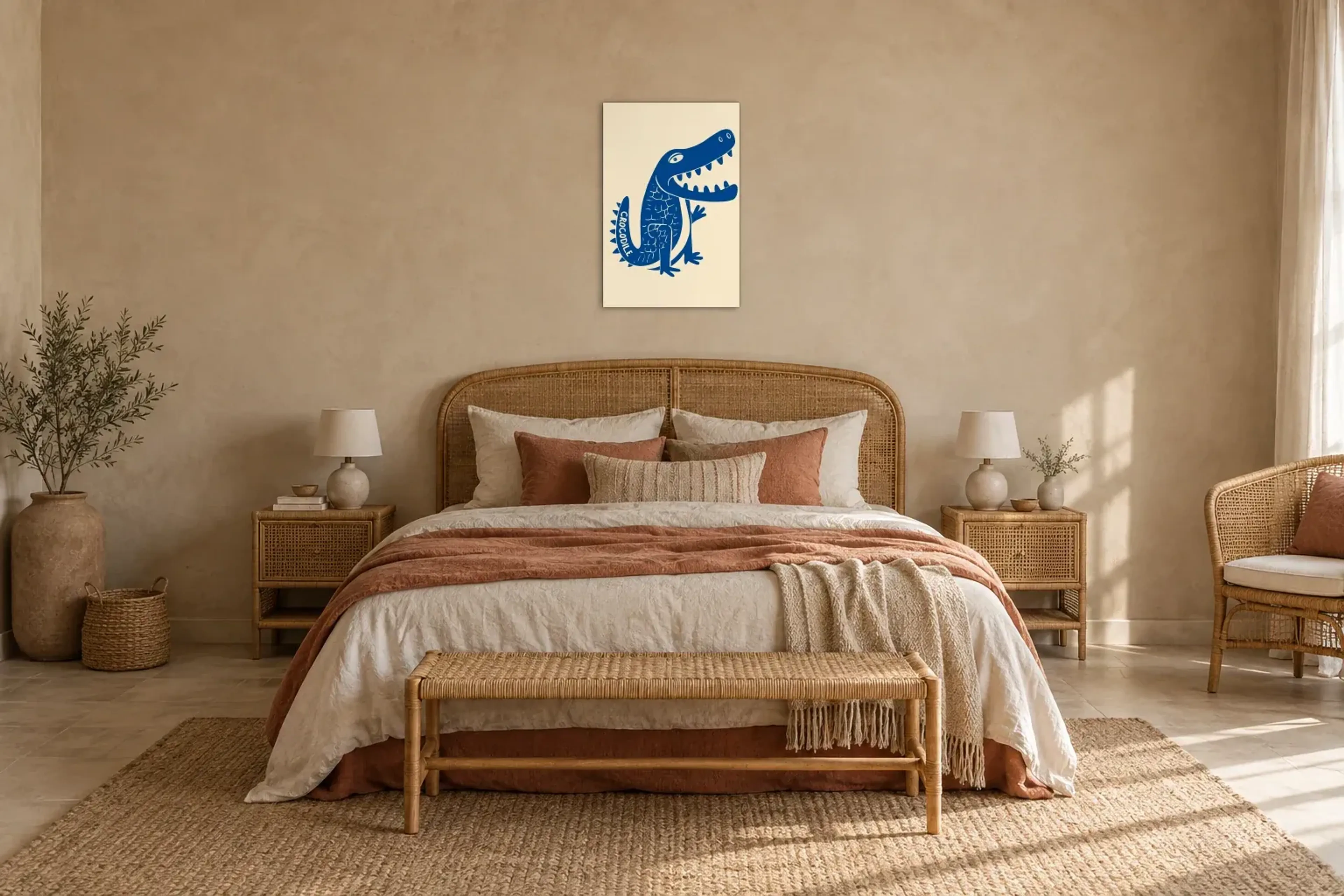 Krokodil blau als Wandbild über einem 180-cm-Bett
