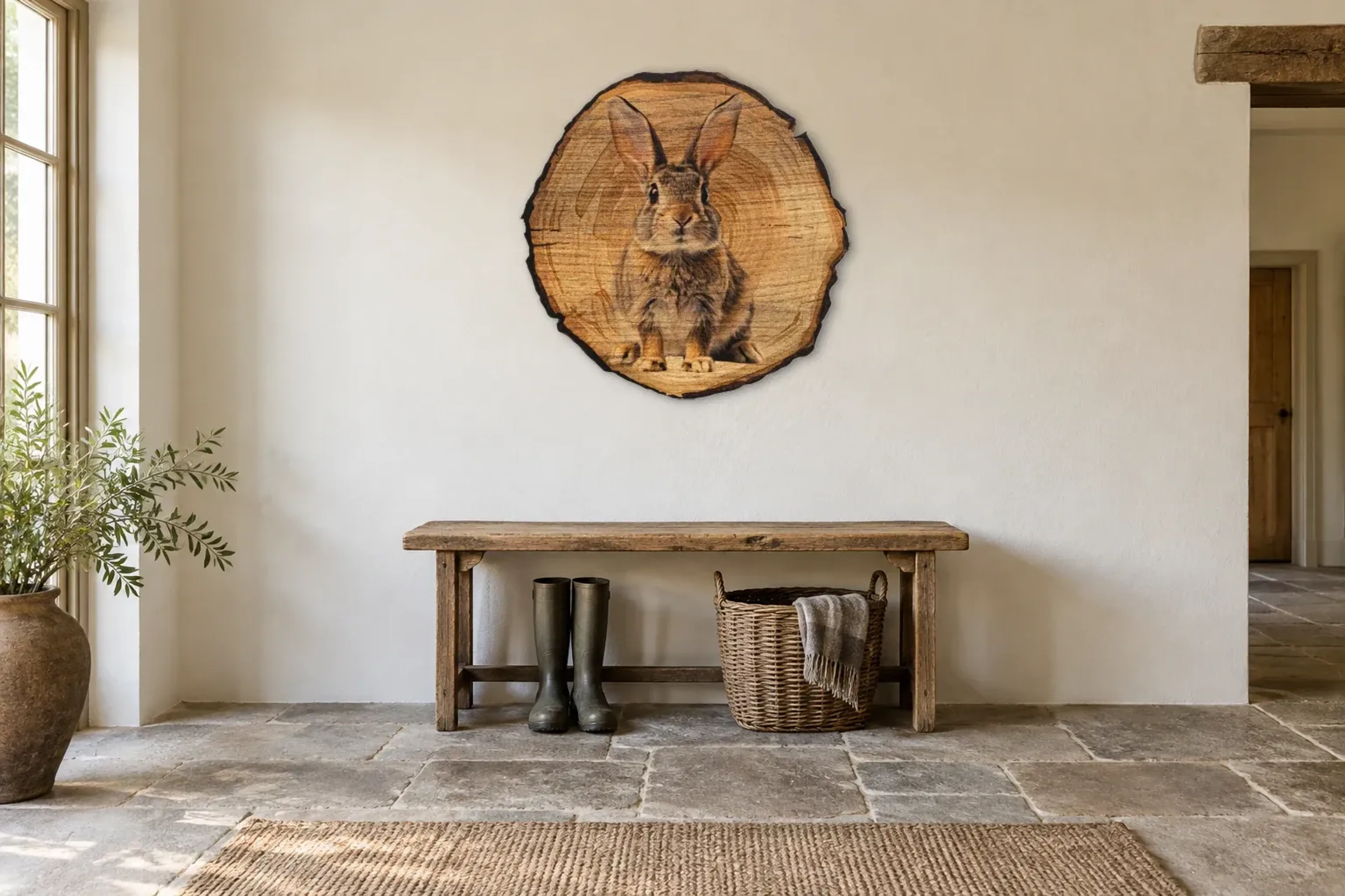 Hase mit langen Ohren als Wandbild über einer 120-cm-Bank