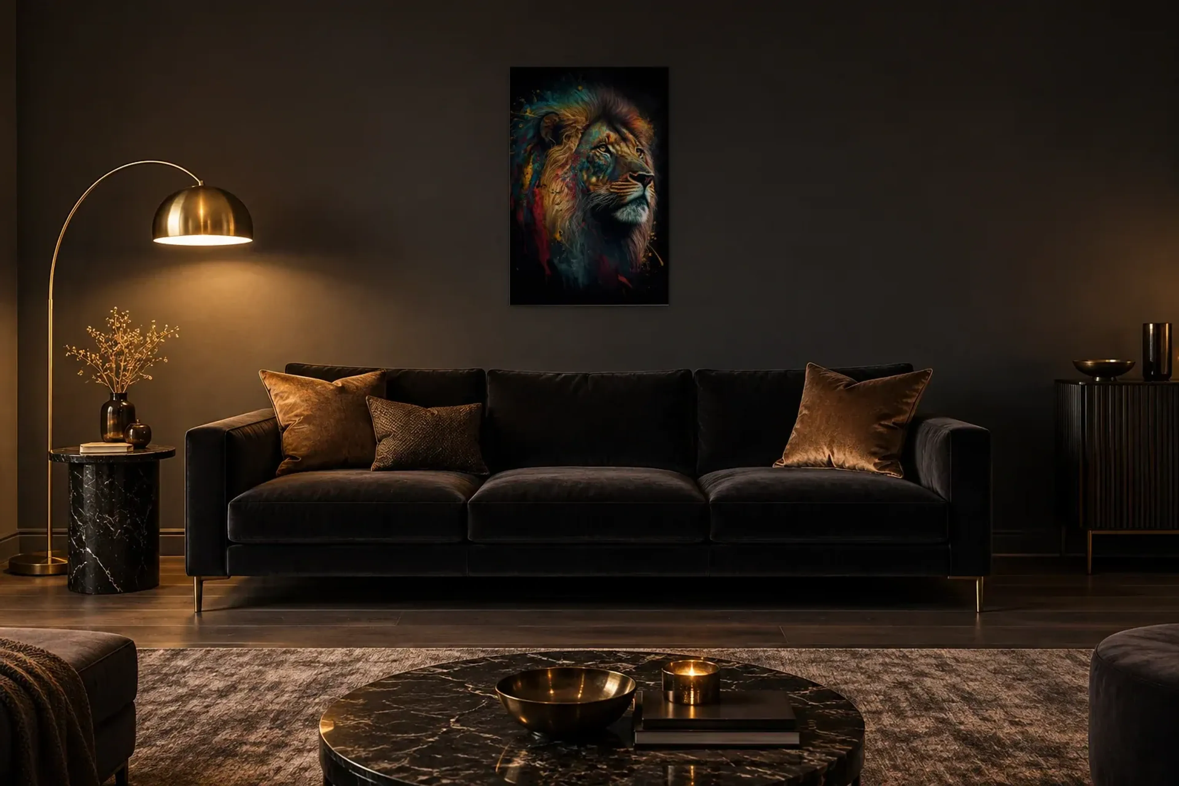 Löwenkopf abstrakt als Wandbild über einem 220-cm-Sofa