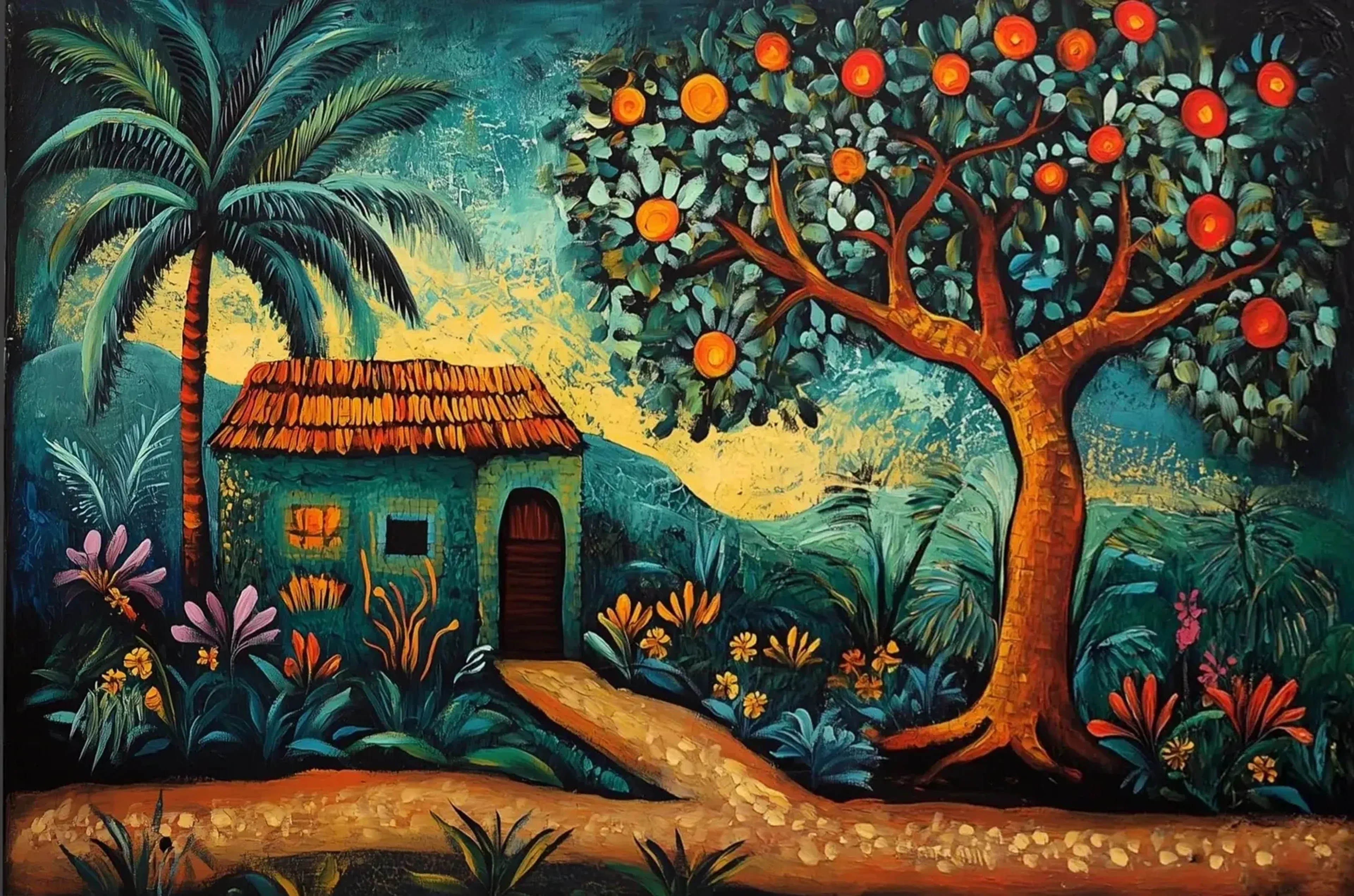 Ein türkisfarbenes Haus zwischen Palme, Blumen und einem Baum mit orangefarbenen Früchten an einem hellen Weg.