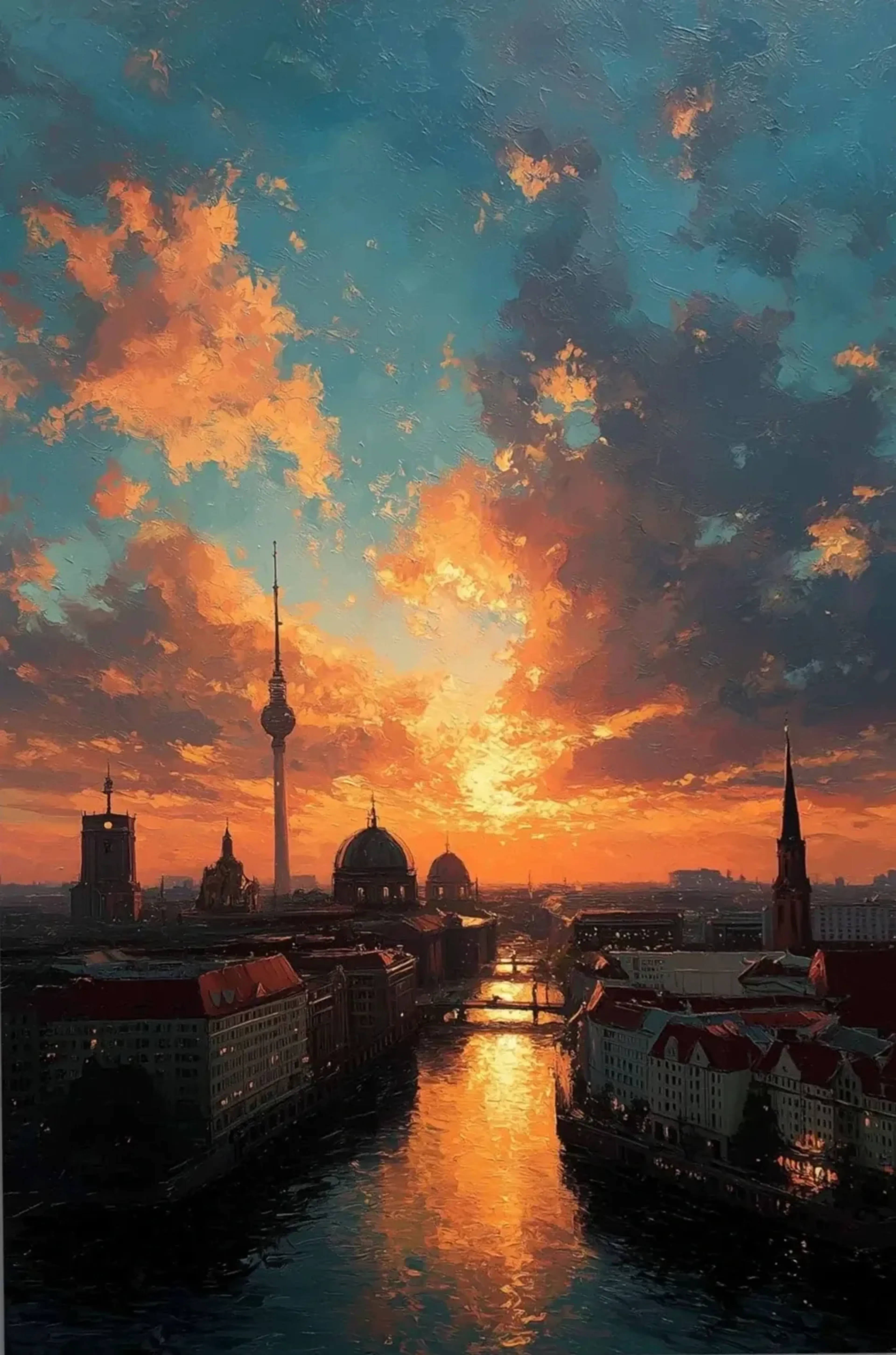 Orangegoldene Wolken über Berliner Dom und Fernsehturm spiegeln sich in der Spree zwischen dunklen Häusern.