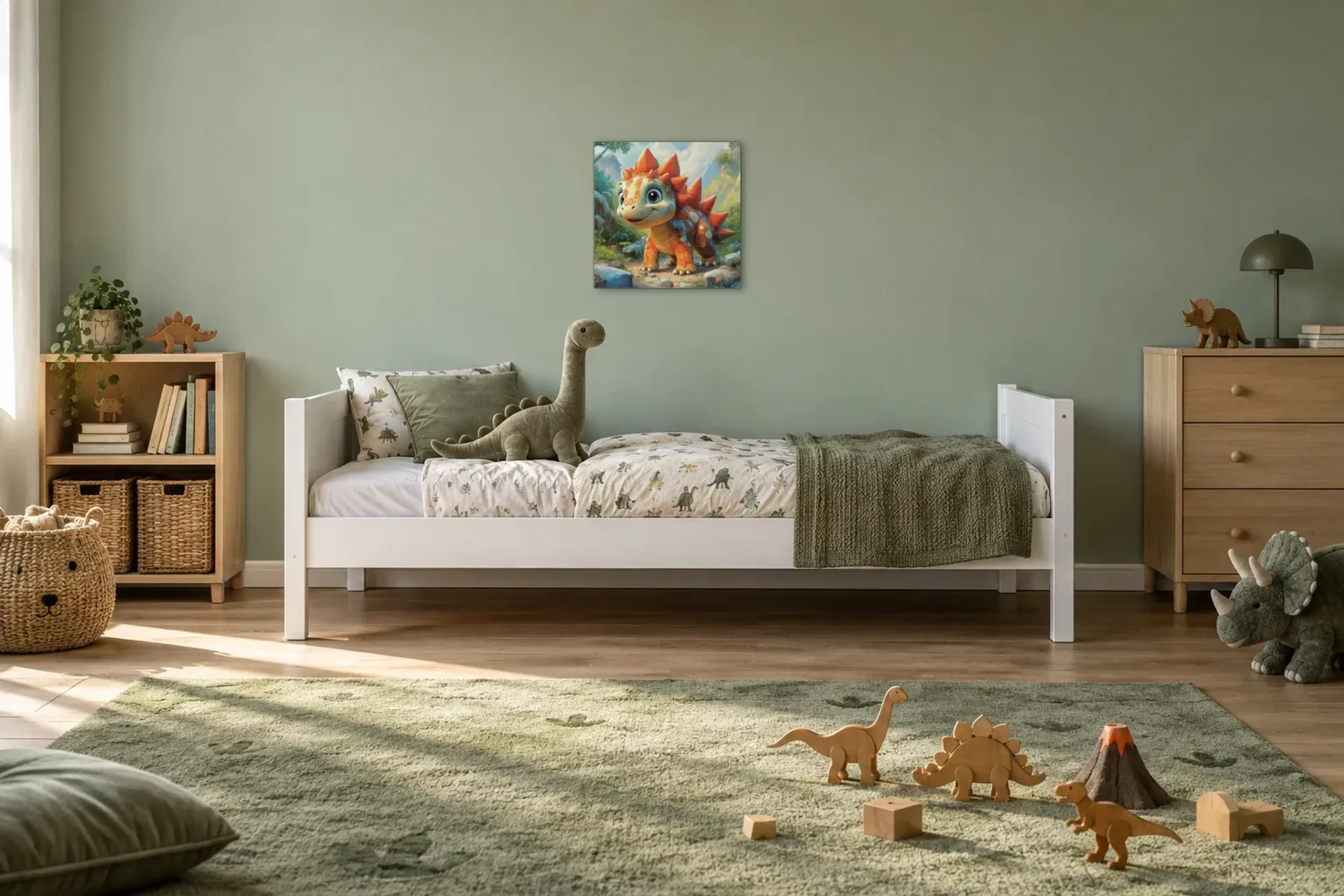 Bunter Dino zwischen Felsen als Wandbild über einem 200-cm-Kinderbett