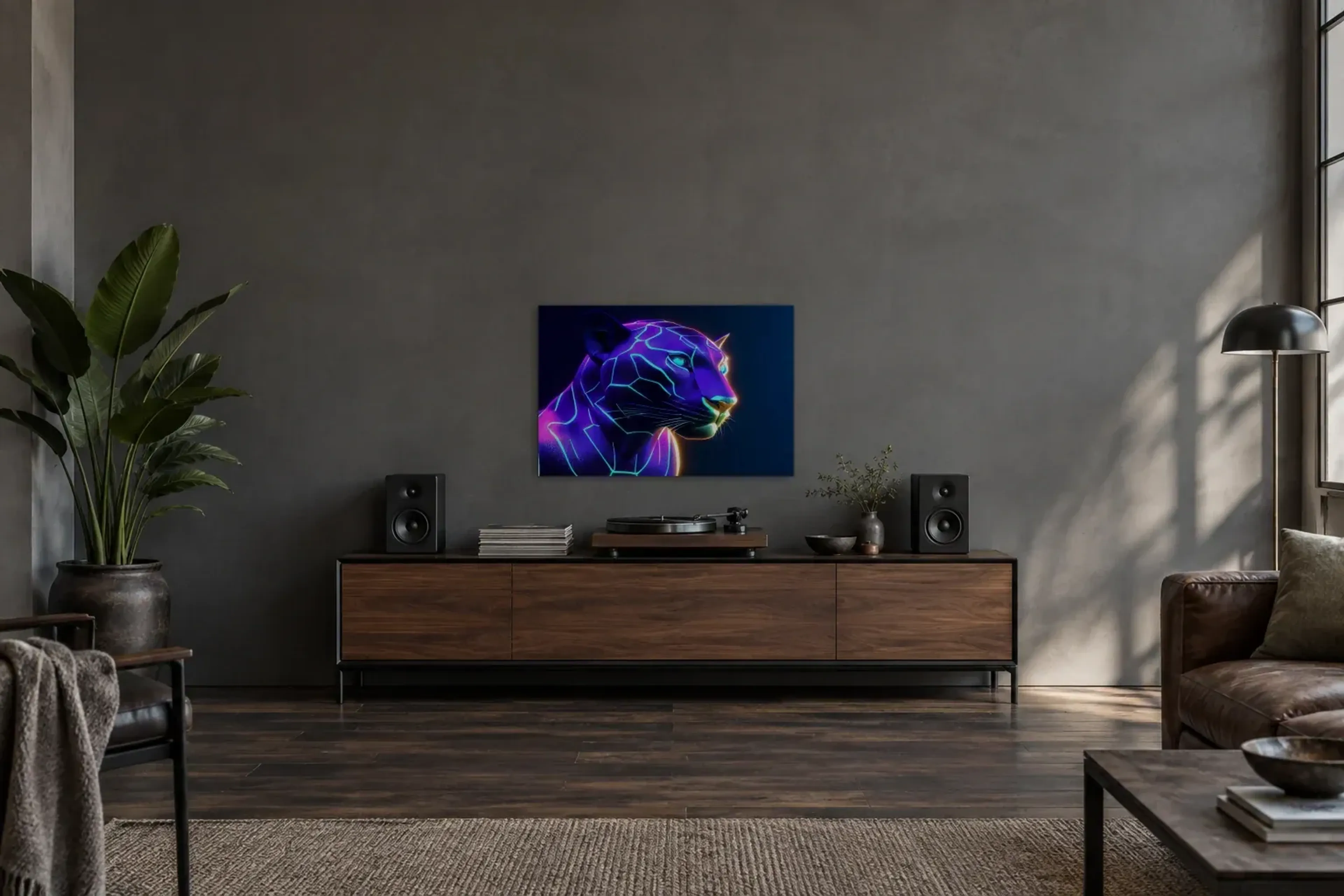 Panther im Neonlicht als Wandbild über einem 200-cm-Sideboard