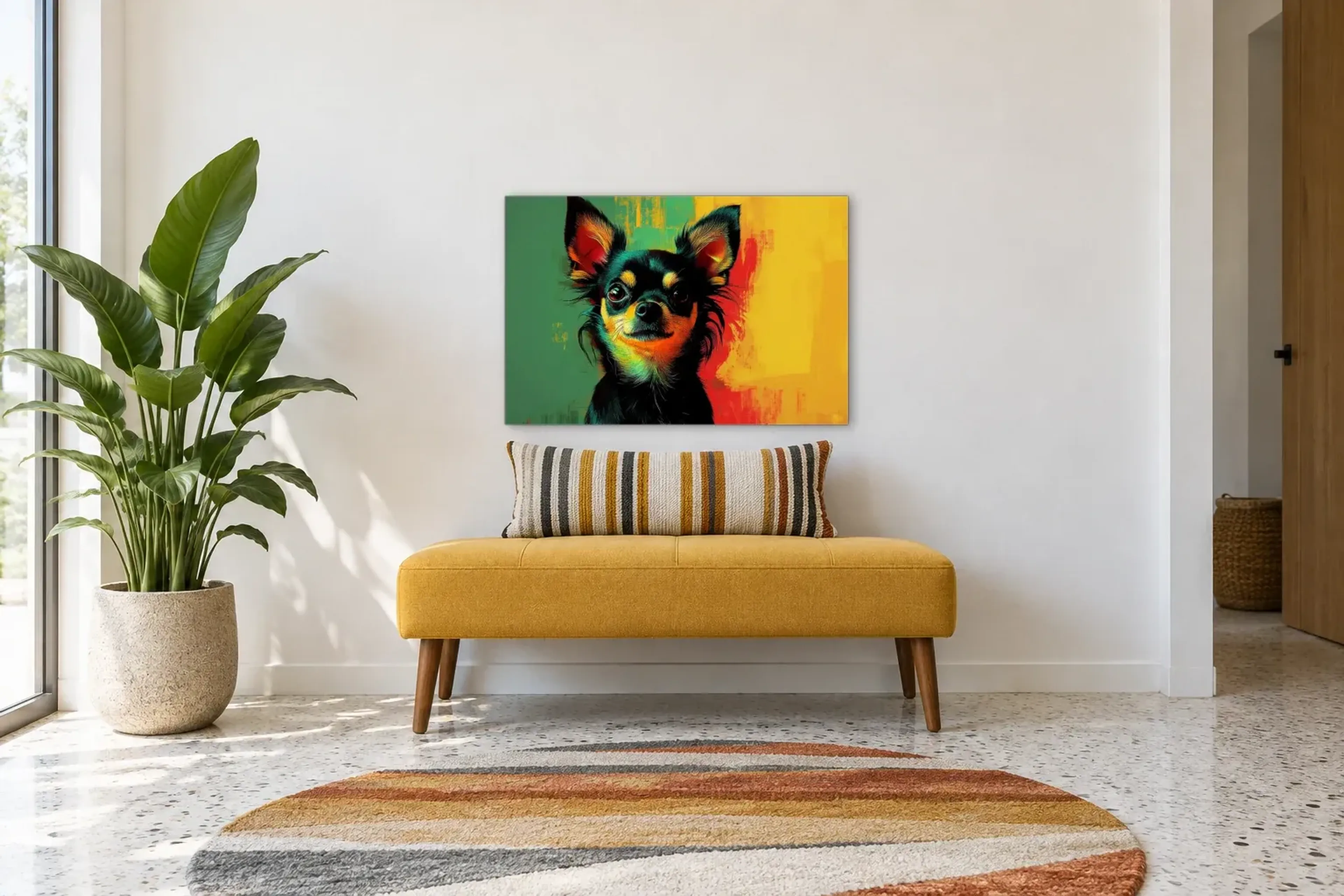 Chihuahua mit wachem Blick als Wandbild über einer 120-cm-Bank