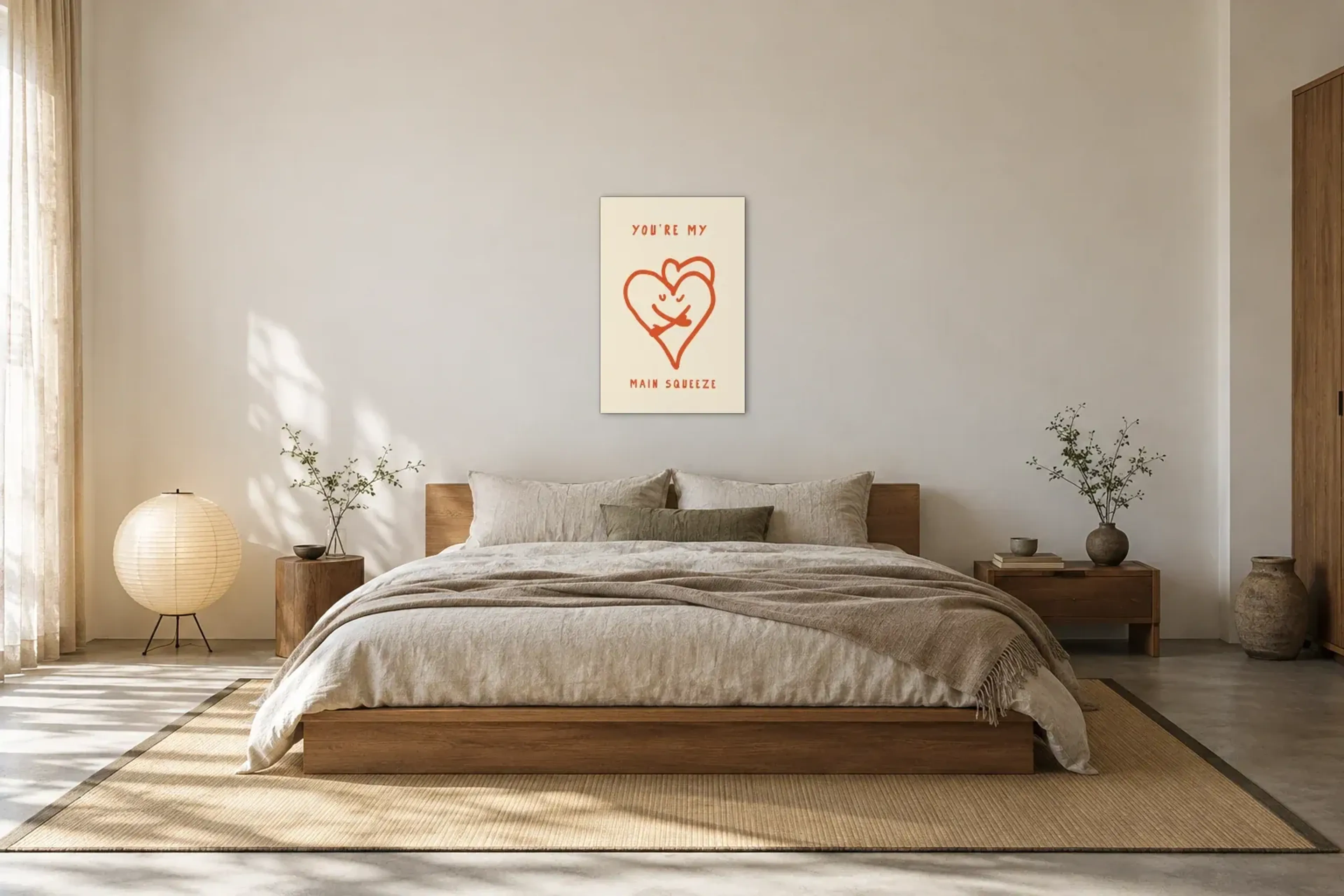 Herzen mit Liebesbotschaft als Wandbild über einem 180-cm-Bett