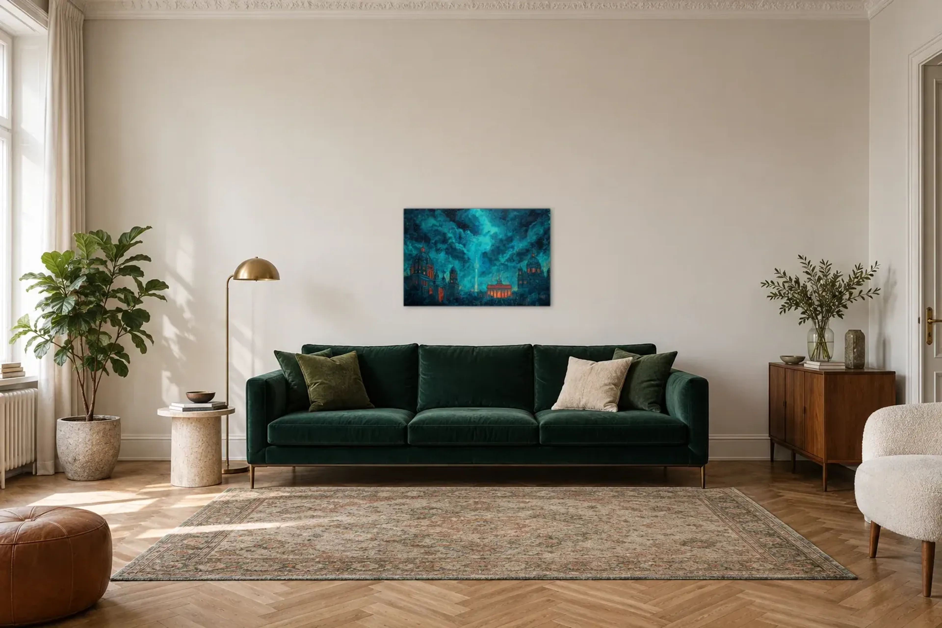Berlin unter wirbelnden Wolken als Wandbild über einem 220-cm-Sofa