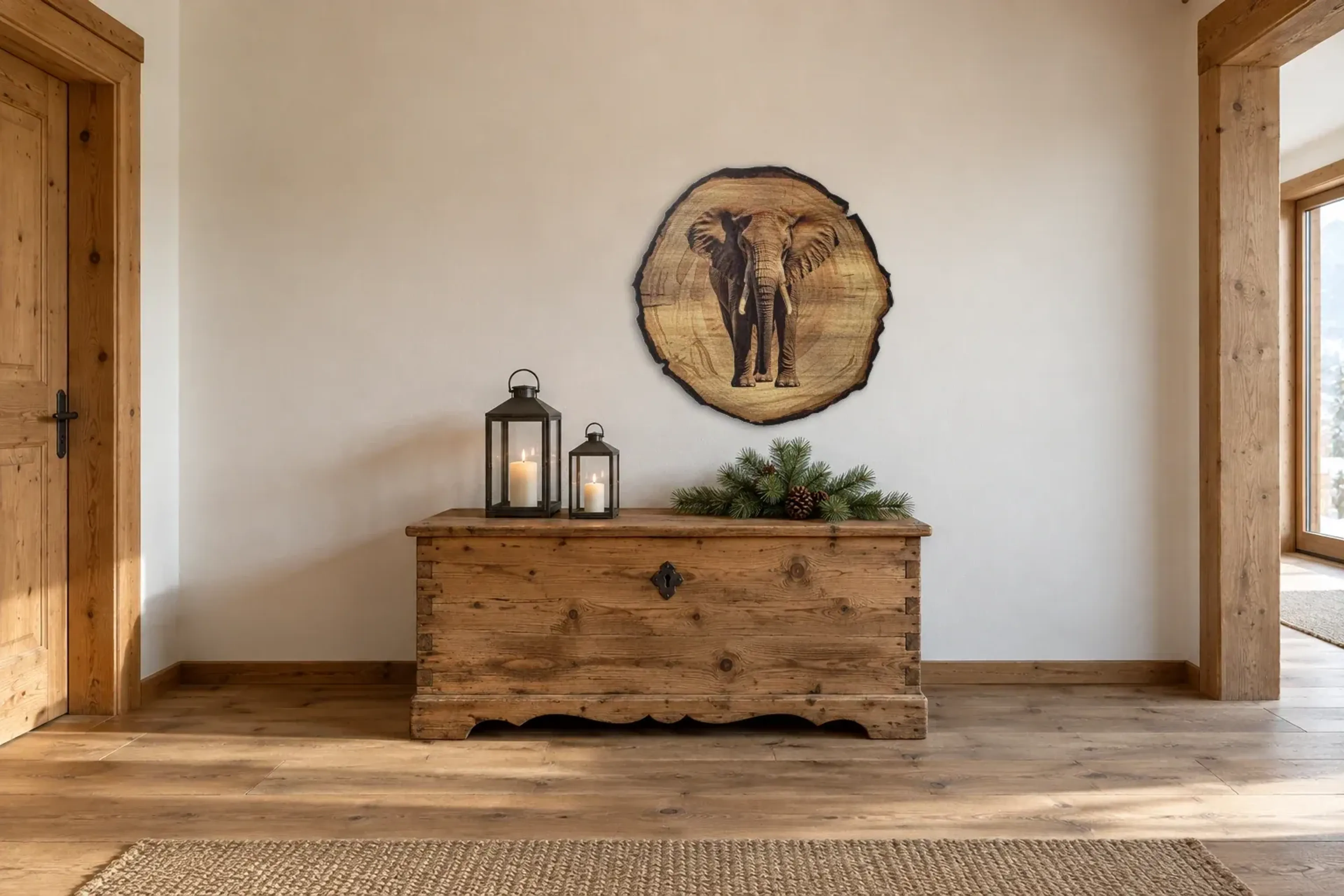 Elefant als Wandbild über einer 140-cm-Truhe