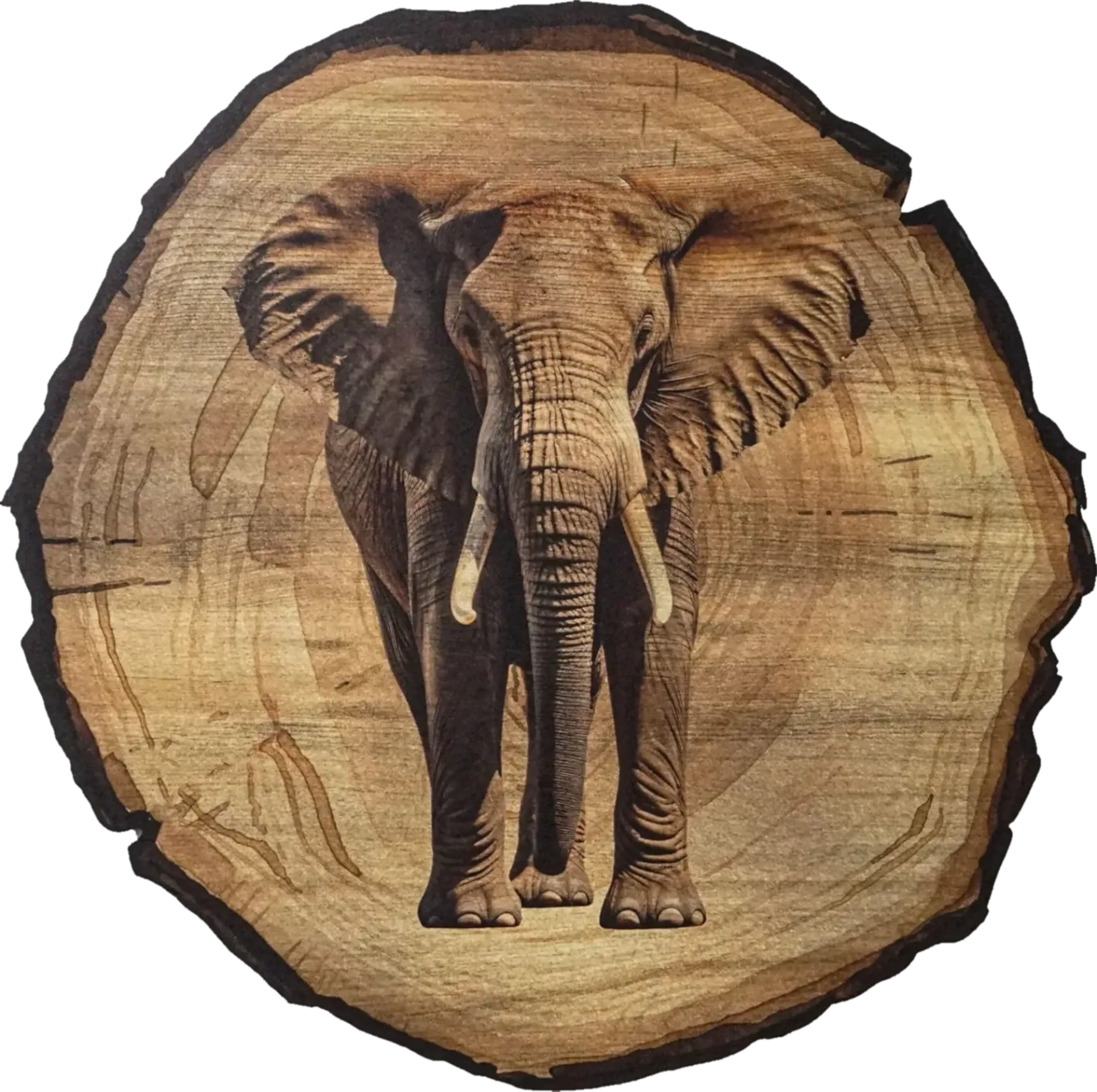 Elefant von vorn mit ausgestellten Ohren, langem Rüssel und hellen Stoßzähnen vor runder Holzoptik.