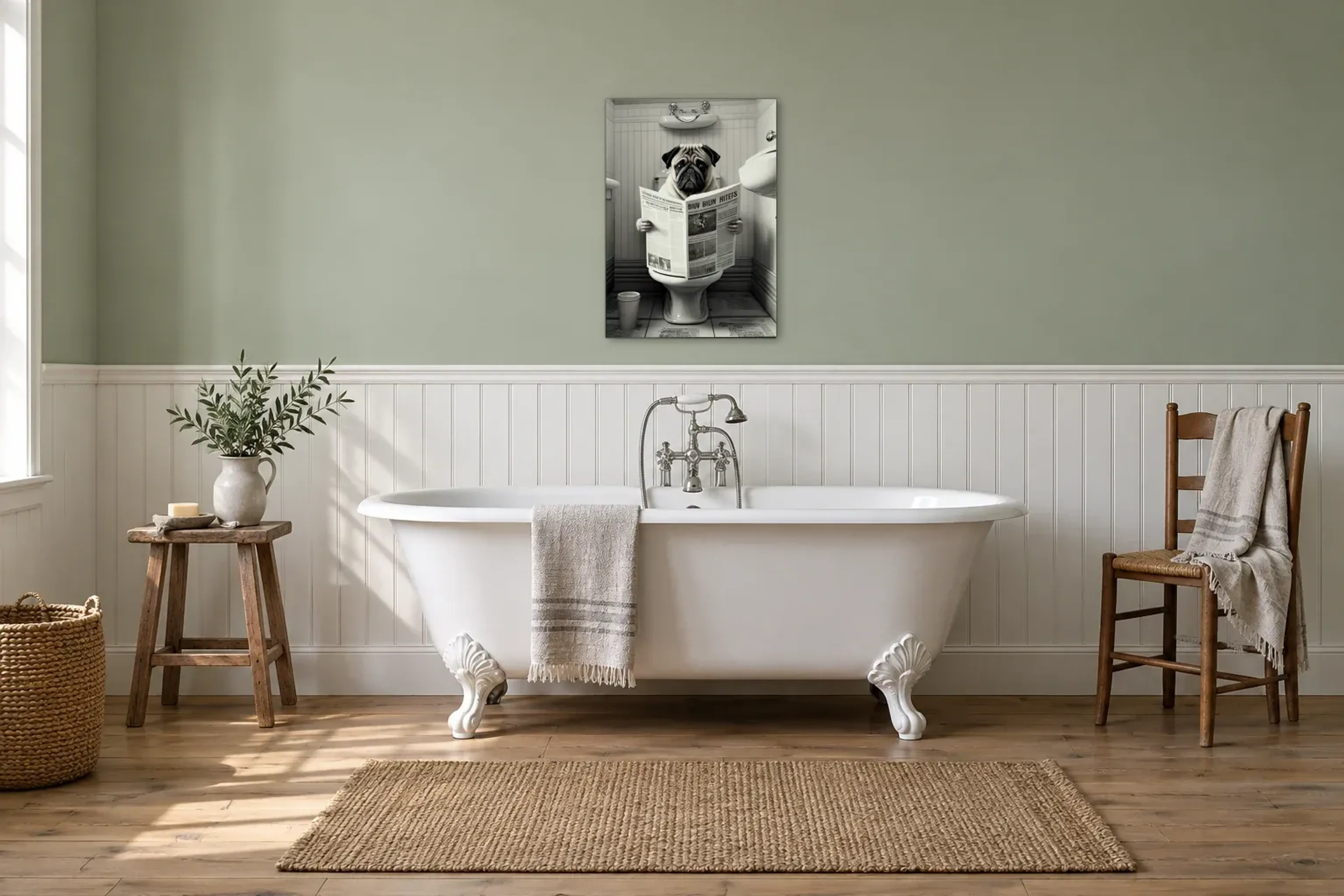 Mops mit Zeitung als Wandbild über einer 170-cm-Badewanne