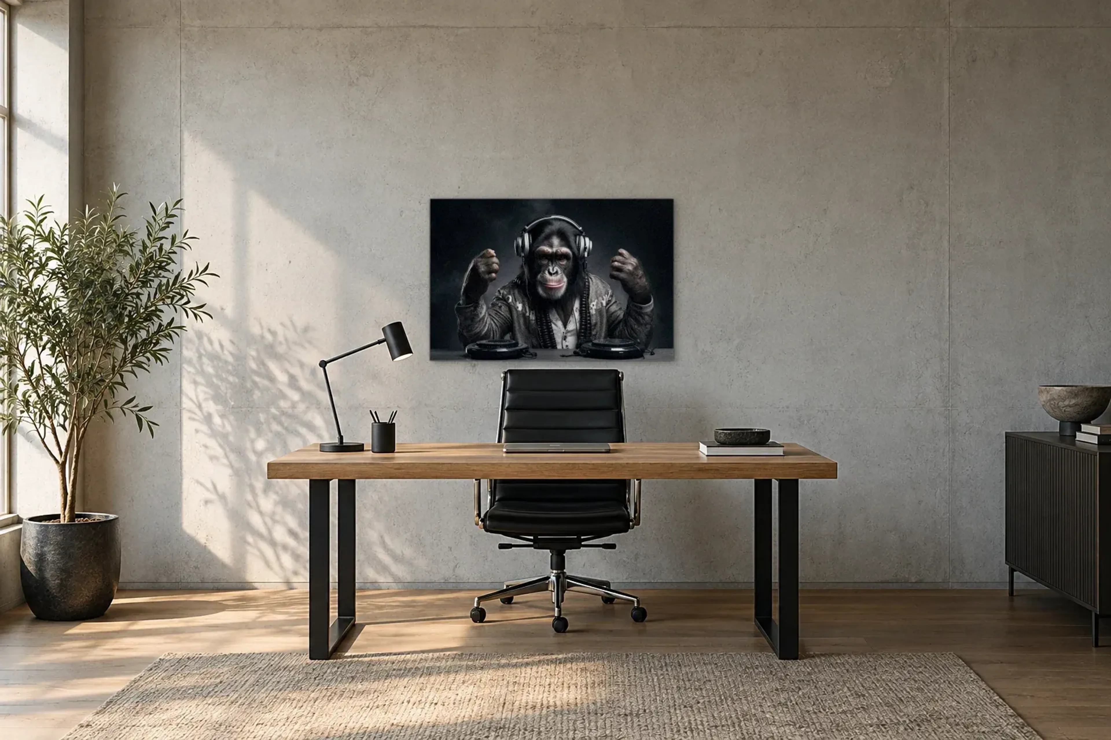 Affe am DJ-Pult als Wandbild über einem 160-cm-Schreibtisch