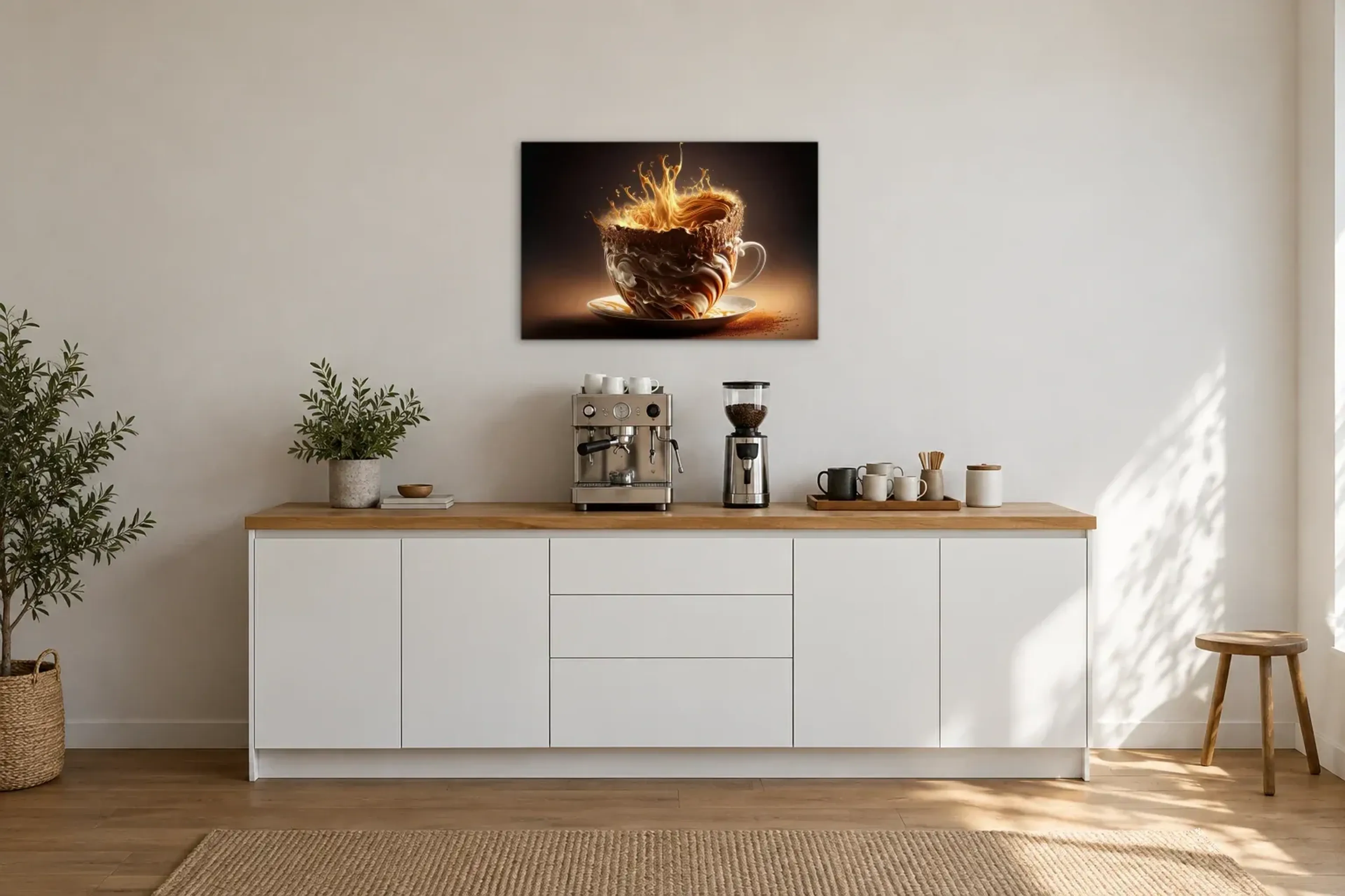 Kaffee in Bewegung als Wandbild über einer 200-cm-Arbeitsplatte