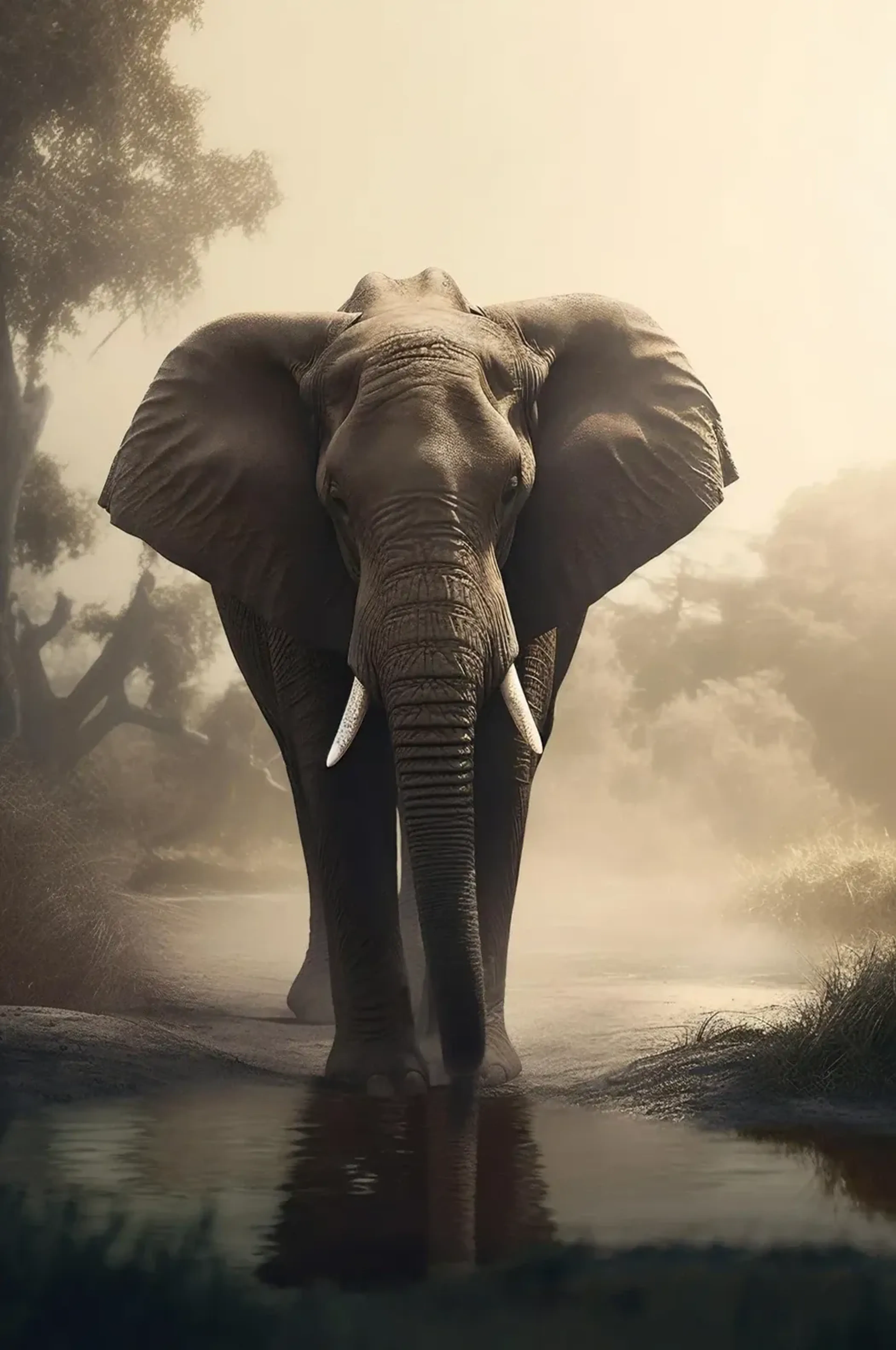 Ein Elefant steht frontal im flachen Wasser, umgeben von Bäumen und warmem Dunst.