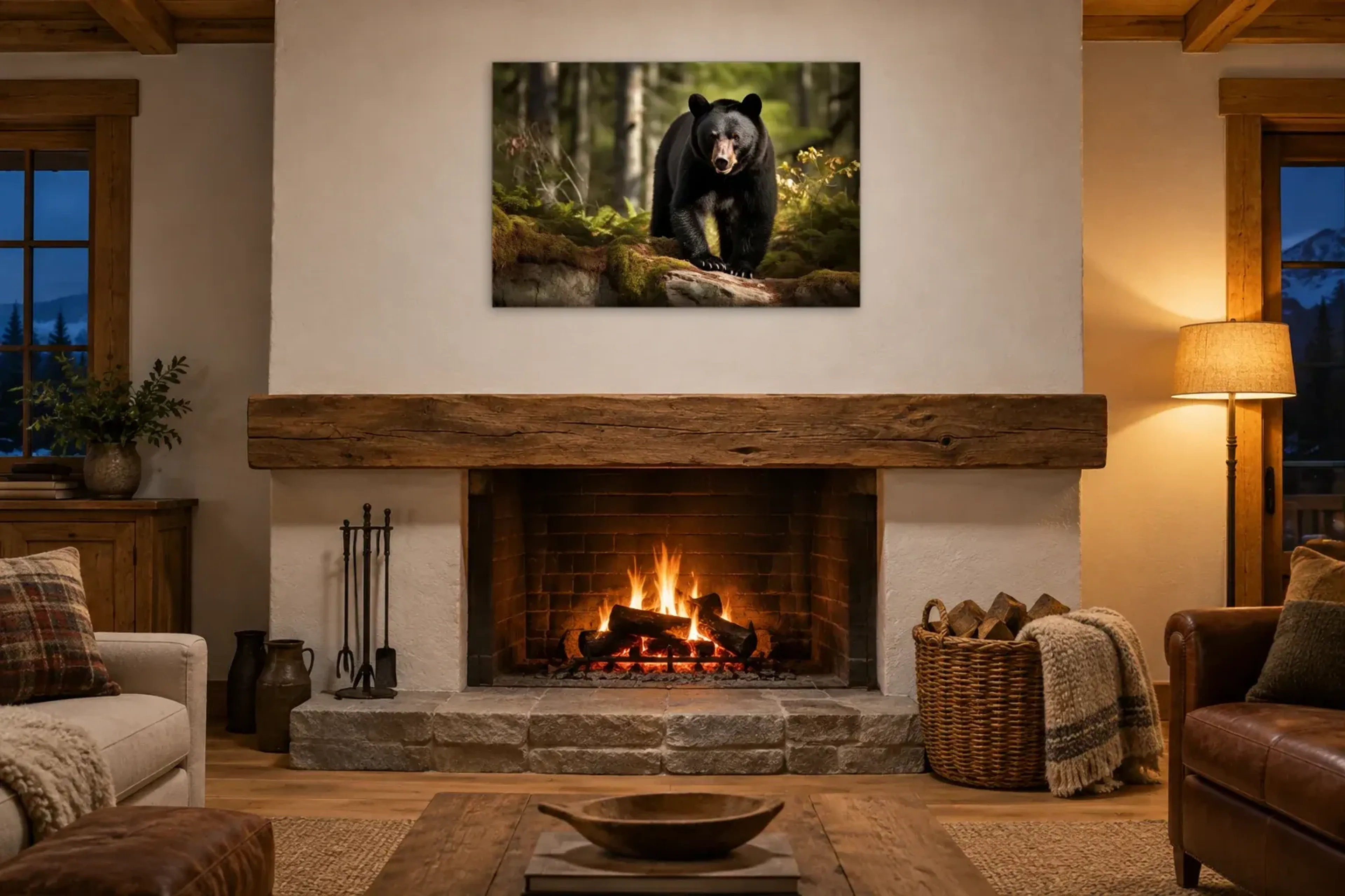 Schwarzbär im Wald als Wandbild über einem 180-cm-Kaminsims