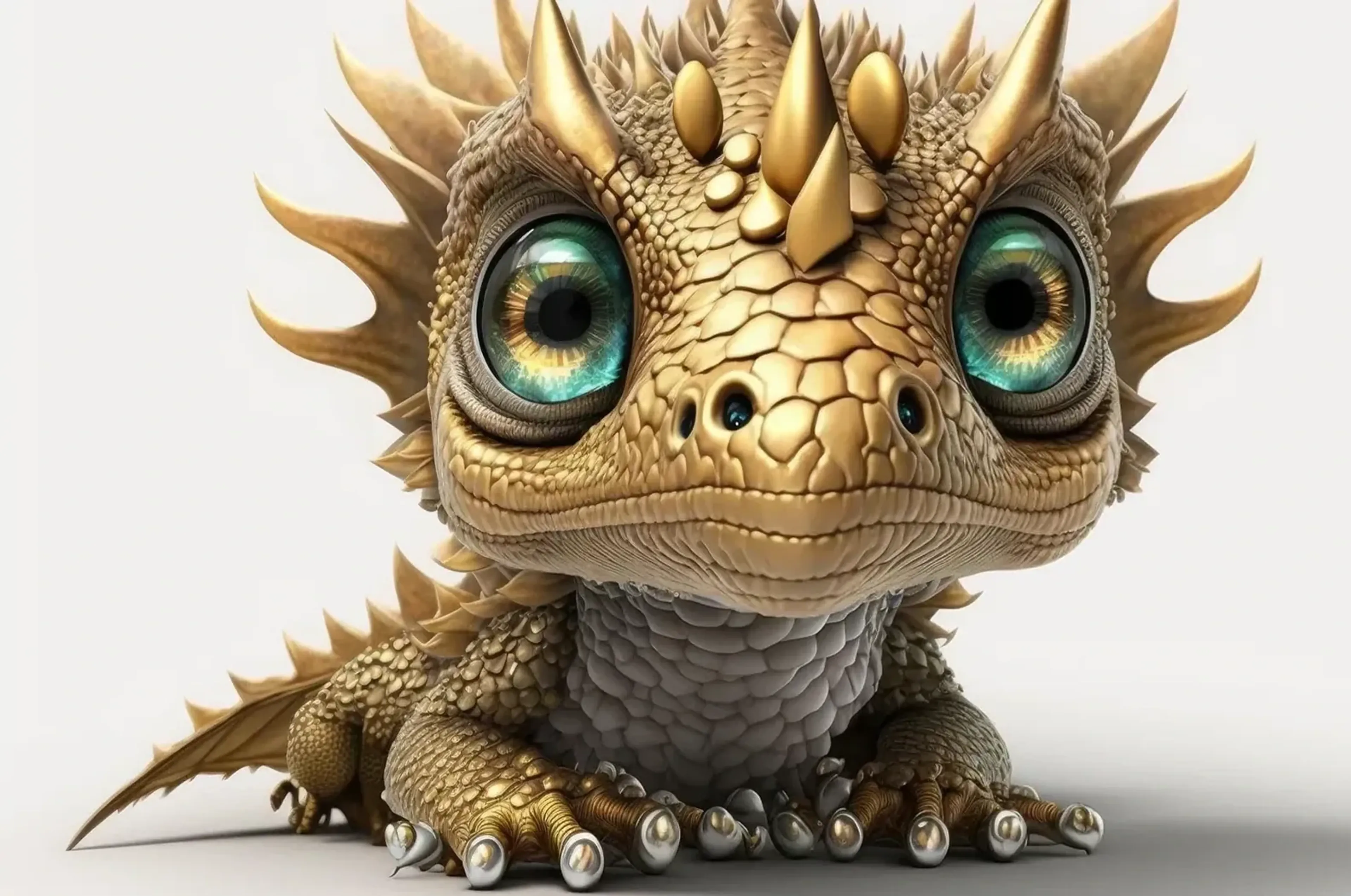 Goldfarbener Babydrache mit großen türkisgrünen Augen, spitzen Hörnern und kleinen Flügeln vor hellem Grund.