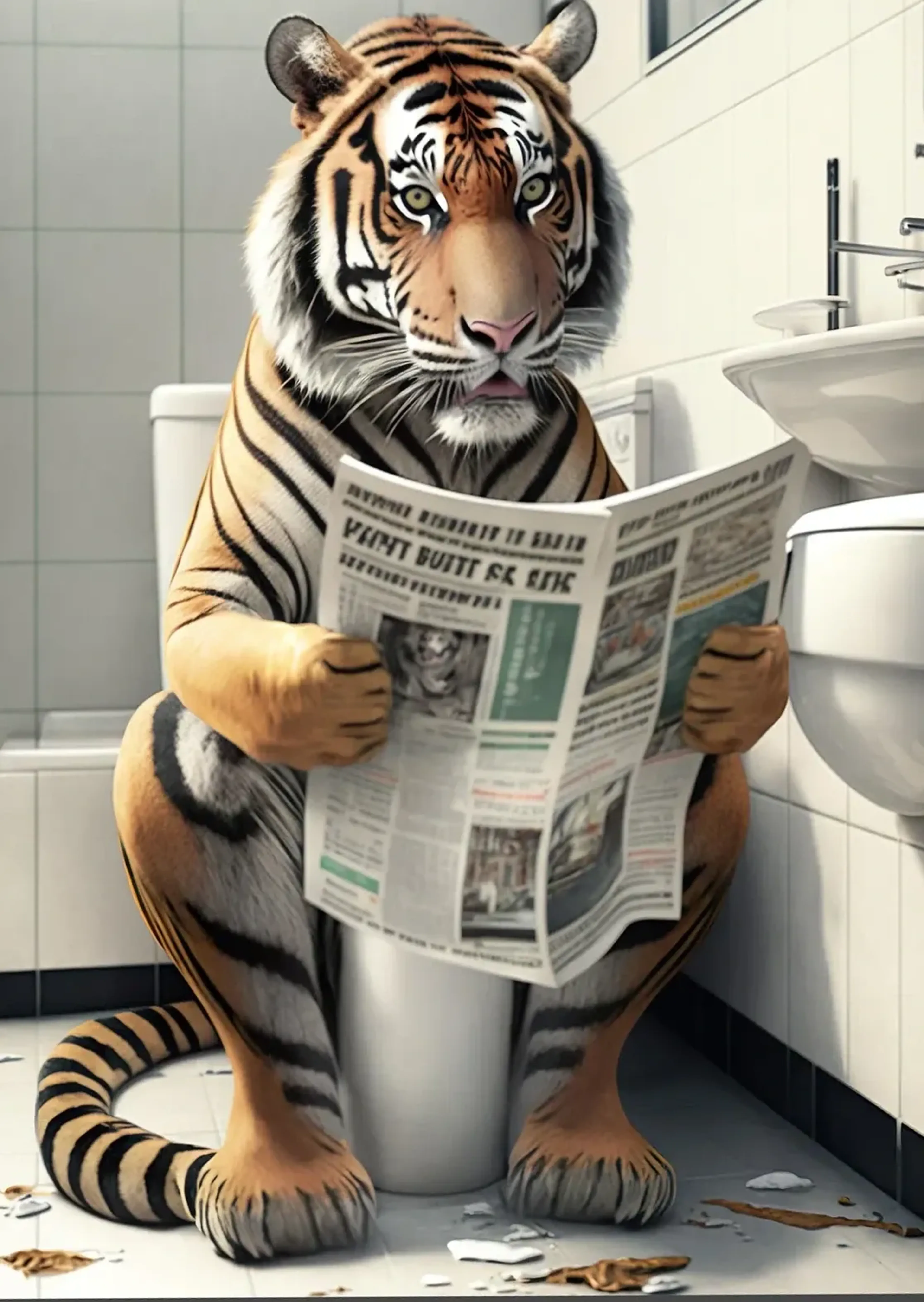 Ein Tiger sitzt mit aufgeschlagener Zeitung auf einer Toilette in einem hell gefliesten Badezimmer.