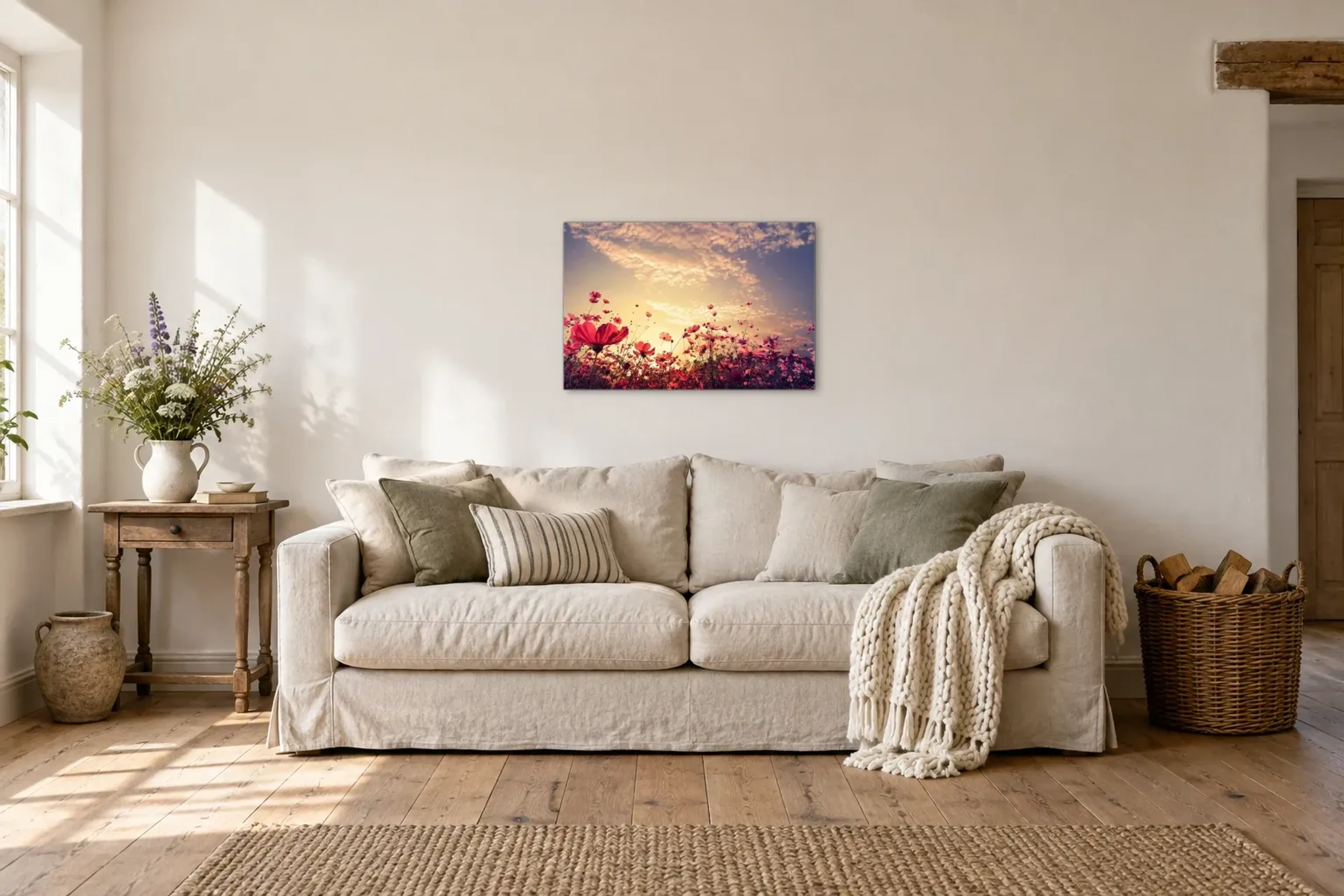Blumenwiese Abendstimmung als Wandbild über einem 220-cm-Sofa