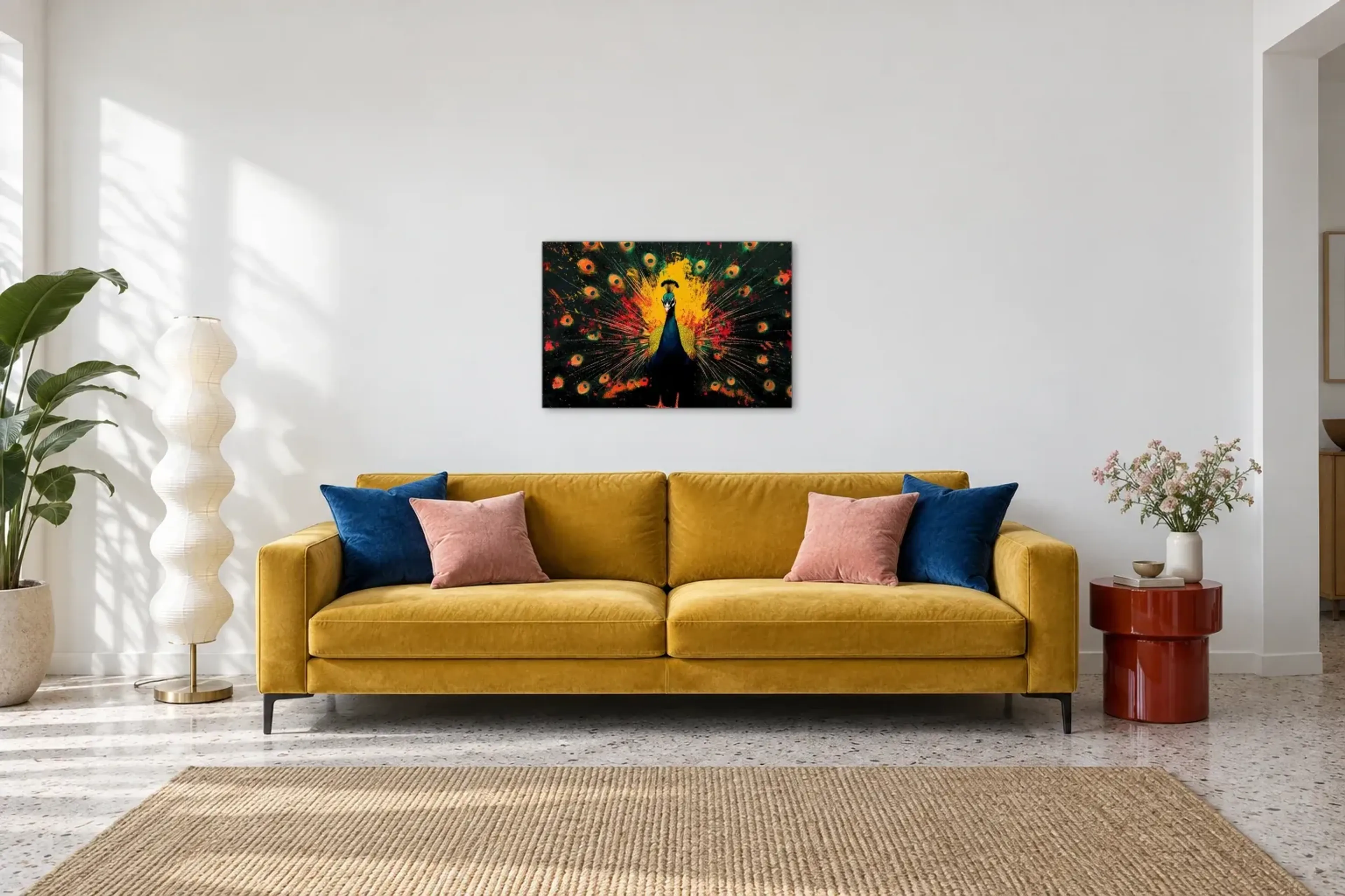 Pfau als Wandbild über einem 220-cm-Sofa
