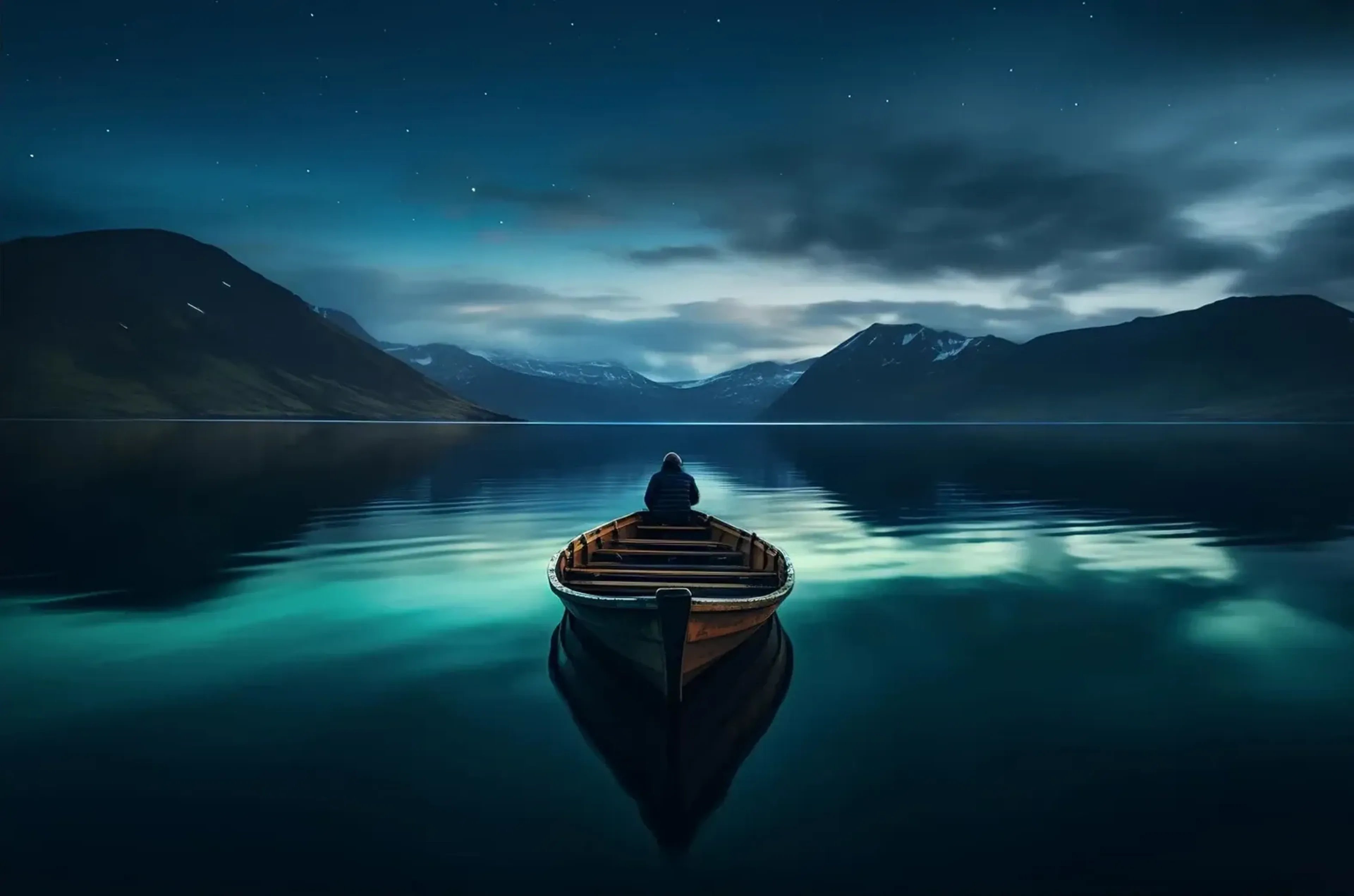 Ein Holzboot mit einer Person spiegelt sich auf einem türkisblauen See zwischen dunklen Bergen unter Sternen.