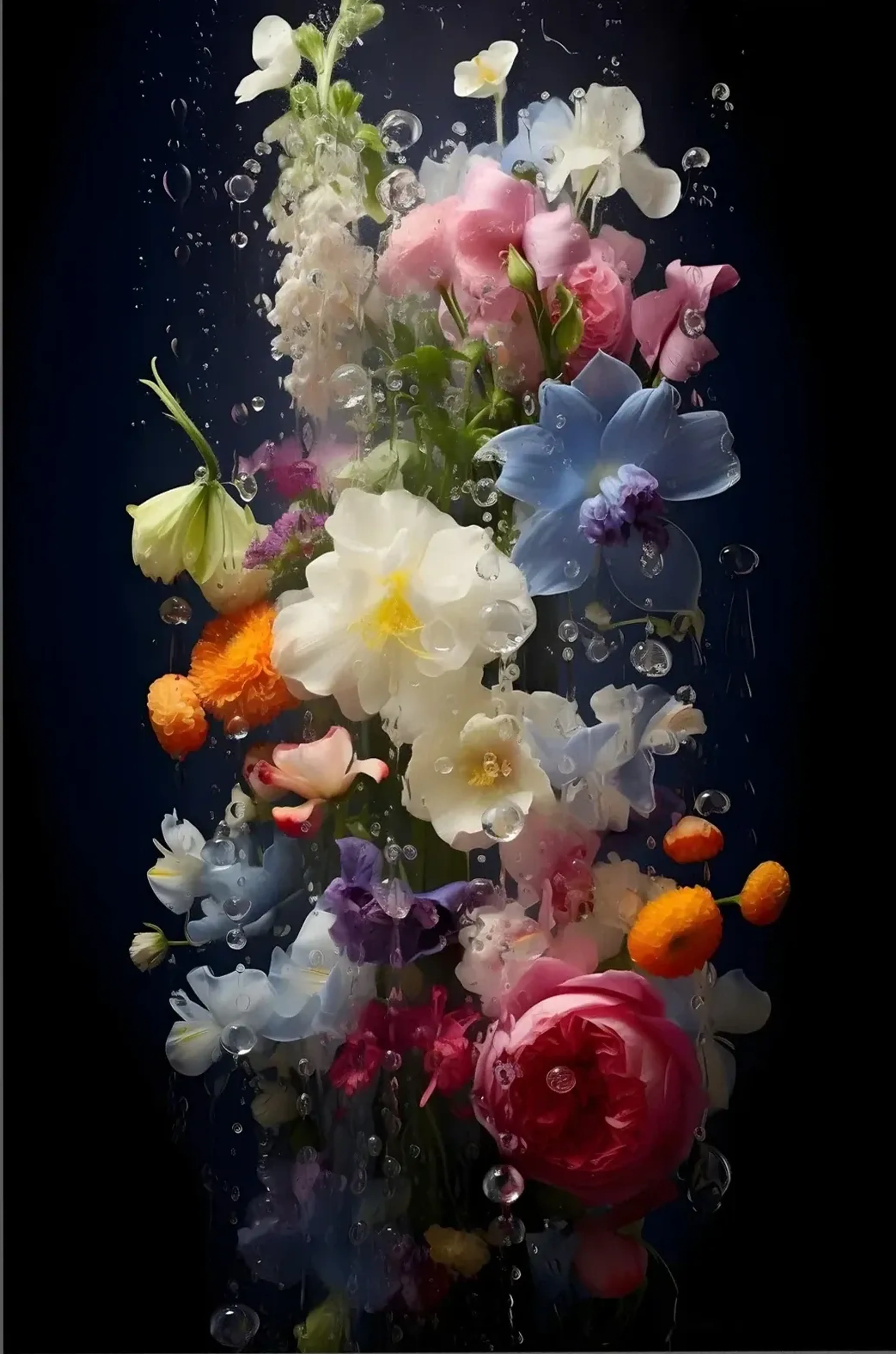 Weiße, rosa, blaue und orange Blüten unter Wasser mit aufsteigenden Luftblasen vor dunklem Hintergrund.