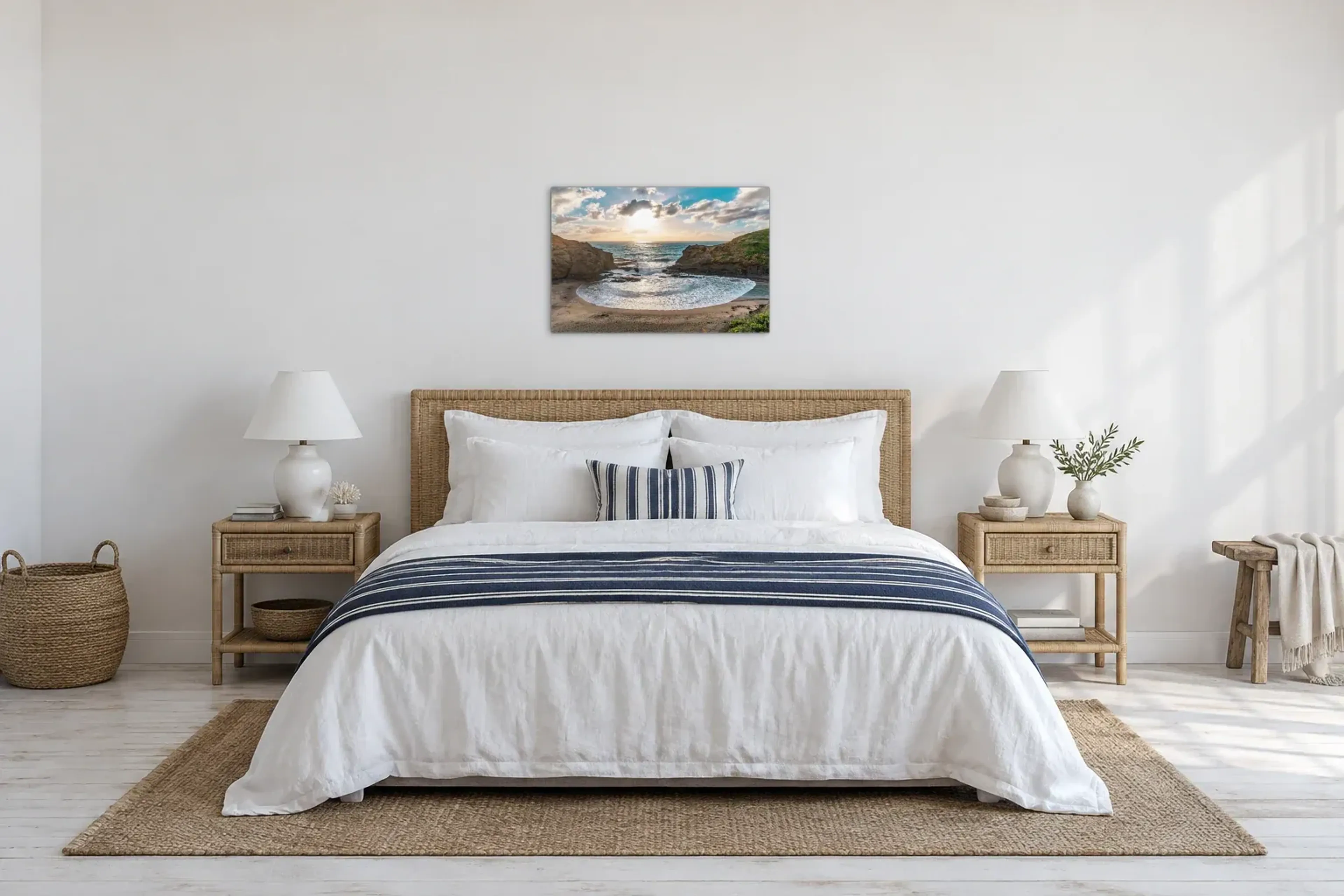 Bucht im Sonnenlicht als Wandbild über einem 180-cm-Bett