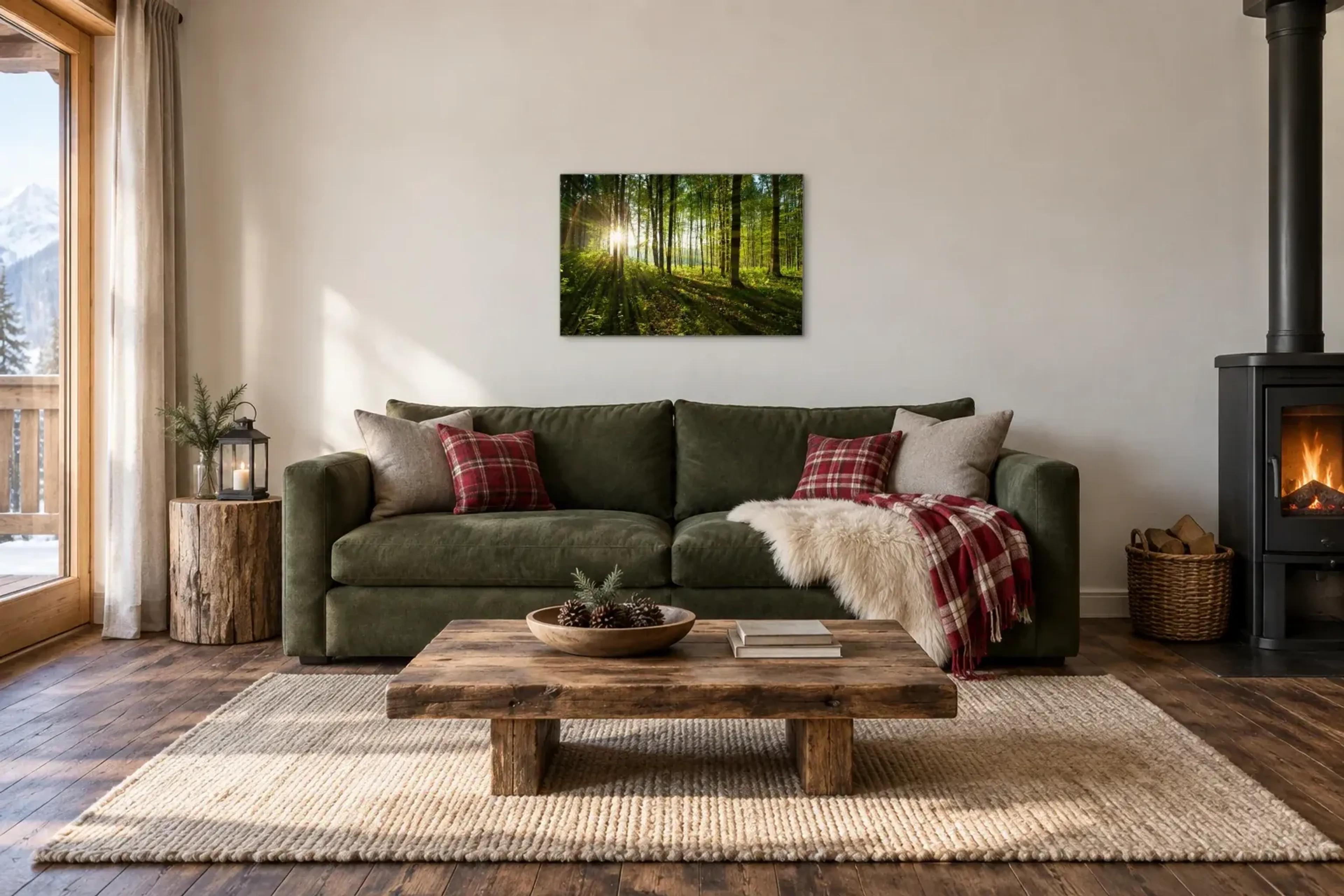 Sonnenstrahlen zwischen Bäumen als Wandbild über einem 220-cm-Sofa